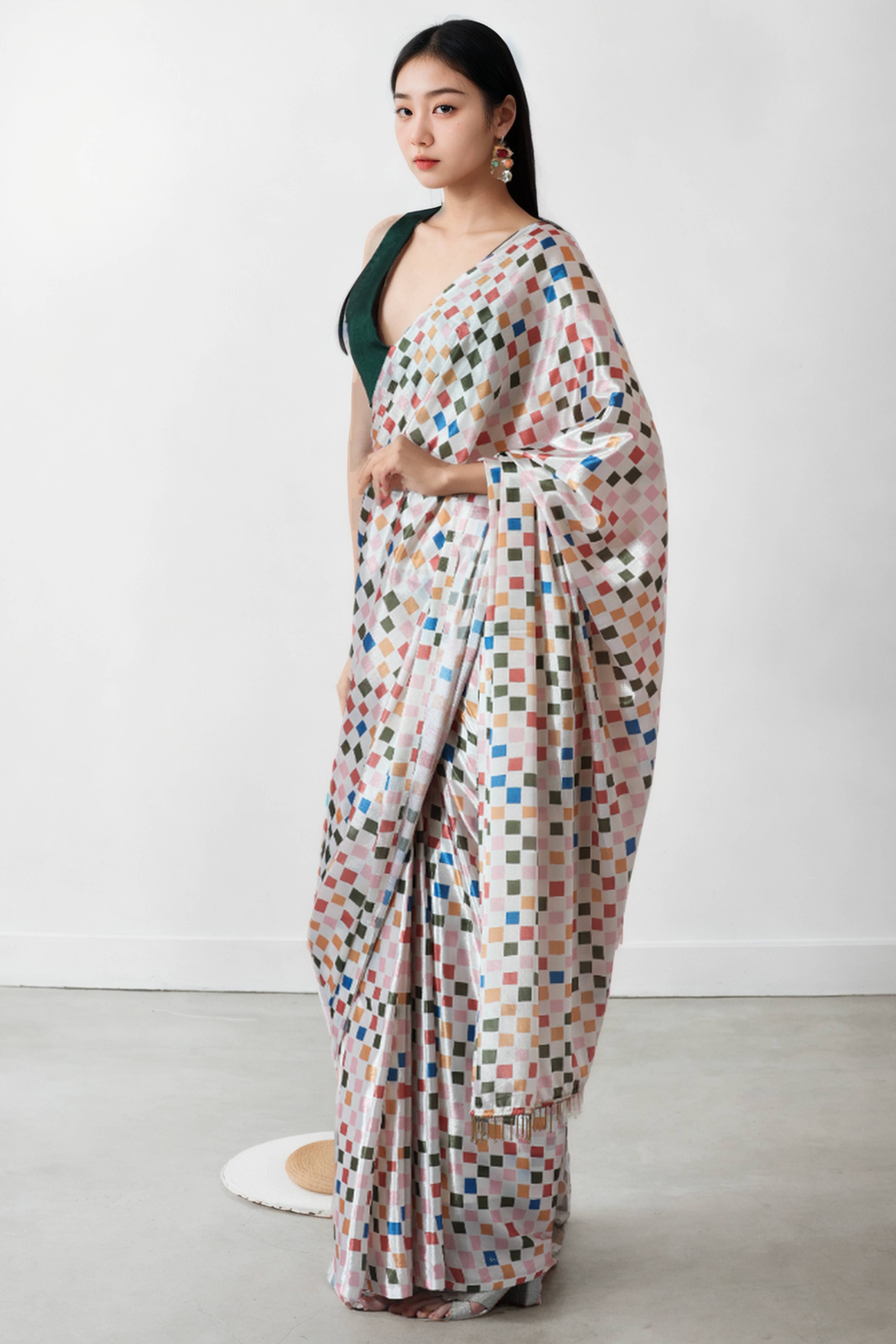 Multicolor Digital Printed With Delicate Lace Border Pallu Chinon Ready To Wear Saree