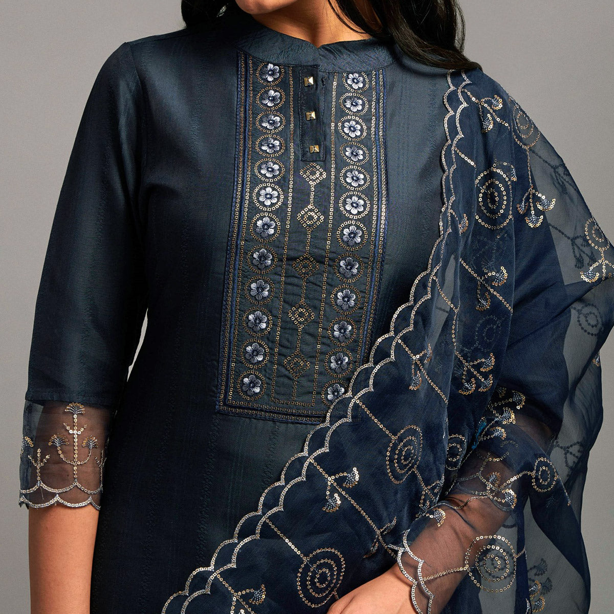 Blue Embroidered Chinon Kurti Sets