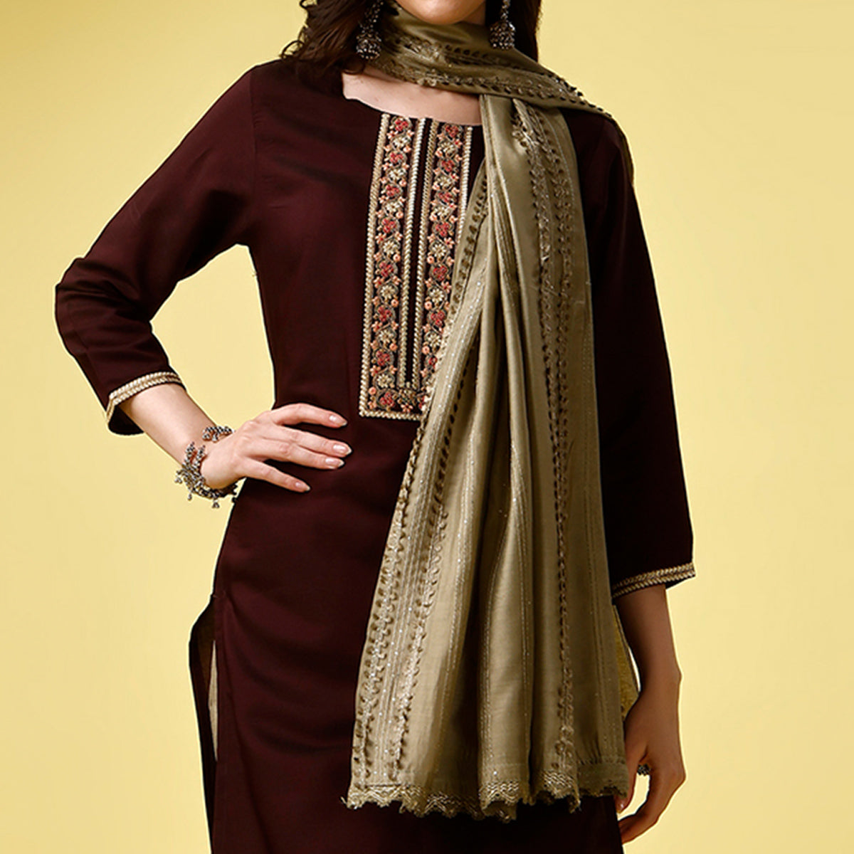 Maroon Embroidered Art Silk Kurti Sets