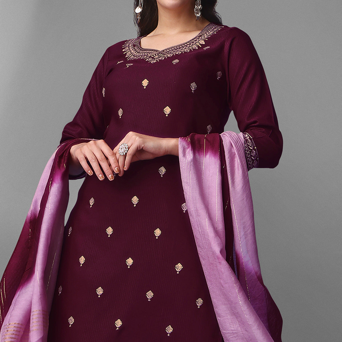 Wine Embroidered Rayon Kurti Sets