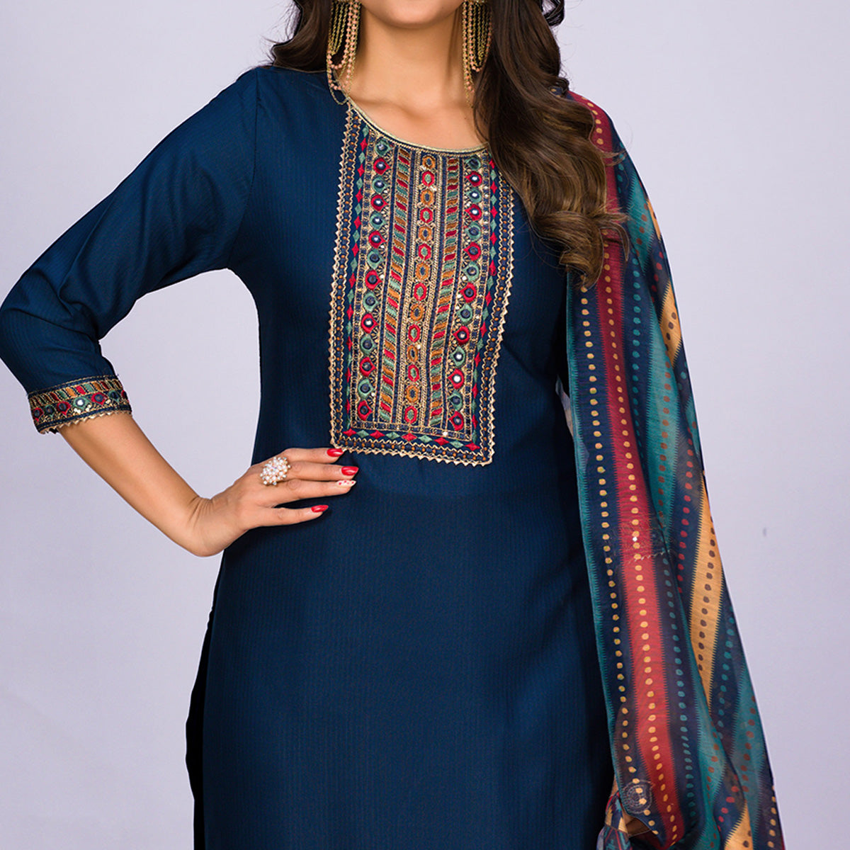 Teal Blue Embroidered Rayon Kurti Sets