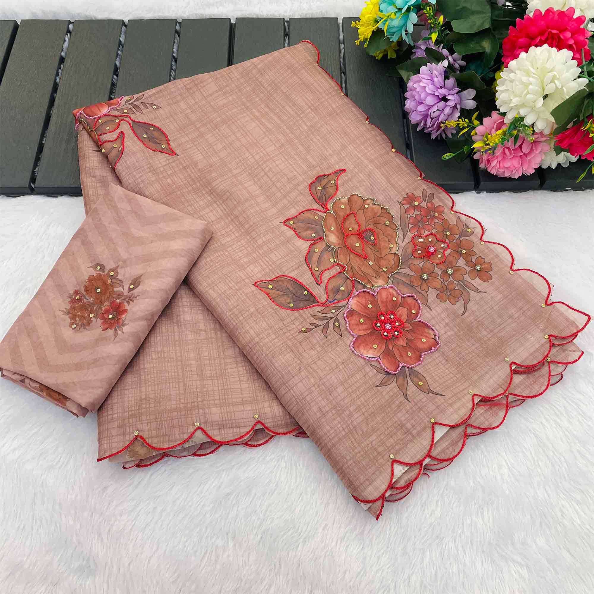 Designer Dusty Pink Tabby Organza Saree with Floral Patterns and Intricate Handcrafted Details