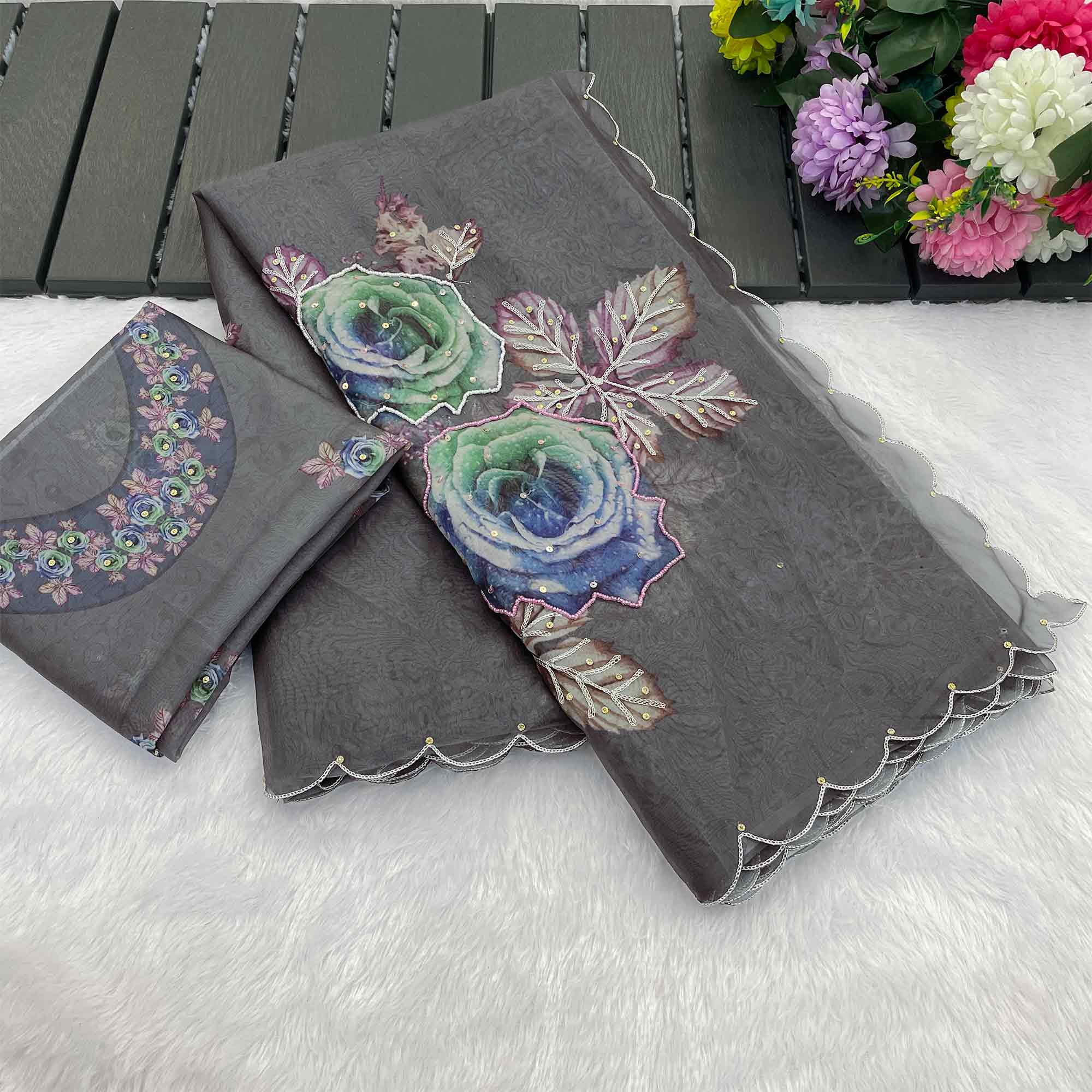 Festive Grey Floral Printed Tabby Organza Saree with Elegant Handwork Embroidery
