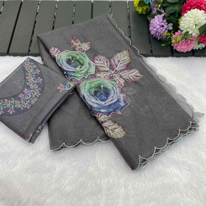 Festive Grey Floral Printed Tabby Organza Saree with Elegant Handwork Embroidery