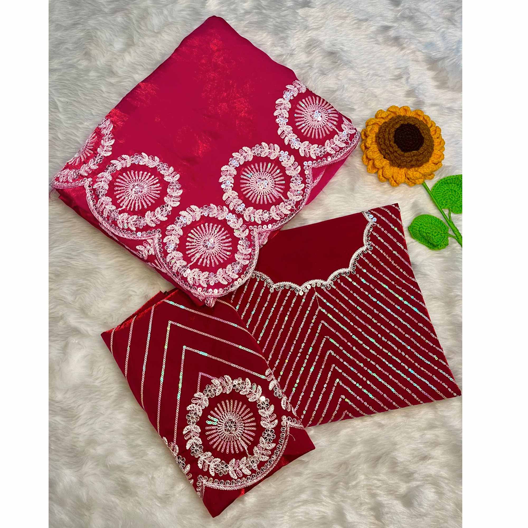 Designer Deep Pink Fandy Satin Saree Featuring Intricate Sequins Embroidery for Elegant Styling