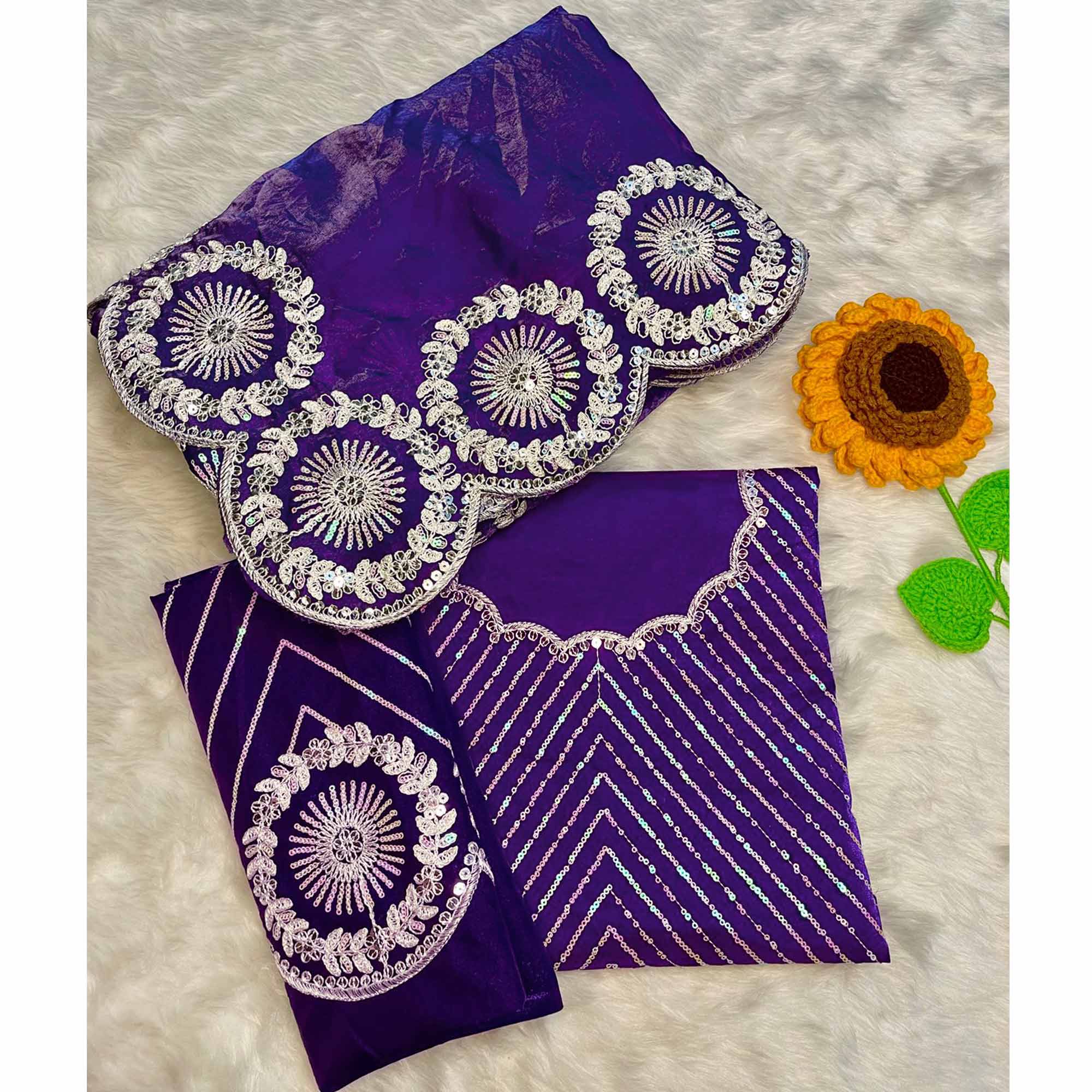 Designer Violet Fandy Satin Saree Featuring Intricate Sequins Embroidery for Elegant Styling