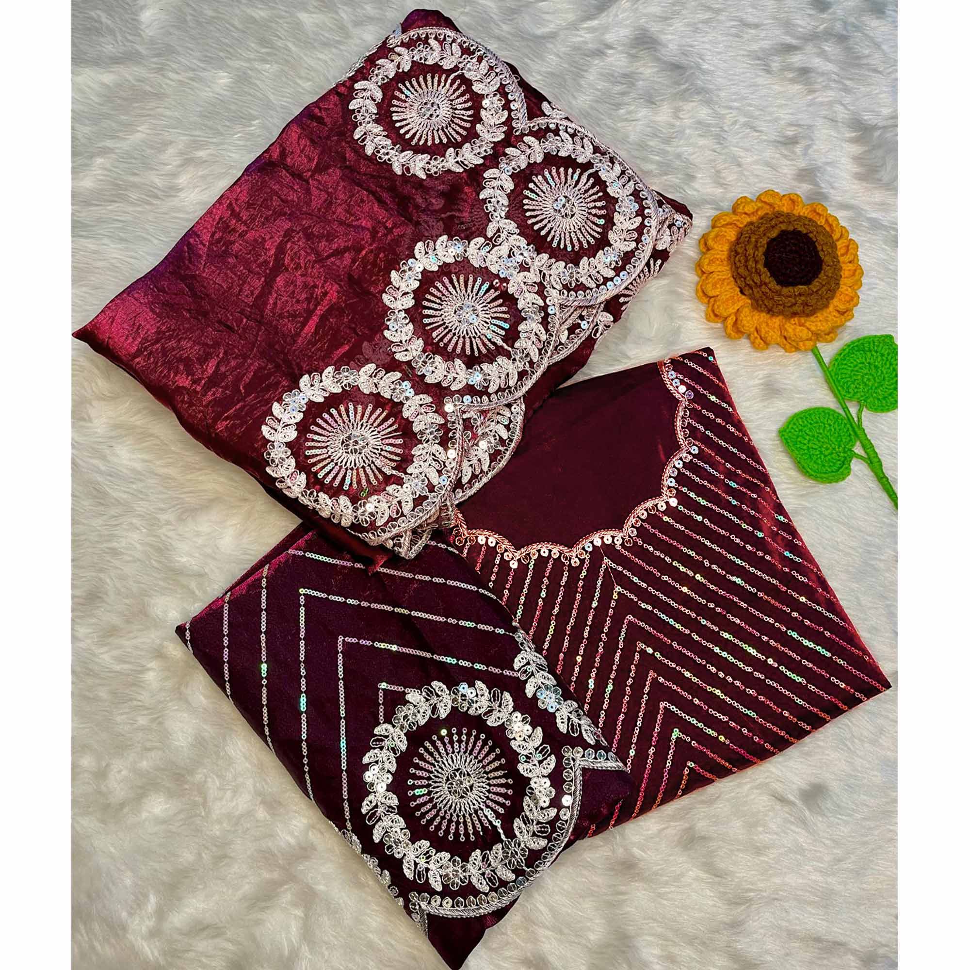 Designer Wine Fandy Satin Saree Featuring Intricate Sequins Embroidery for Elegant Styling