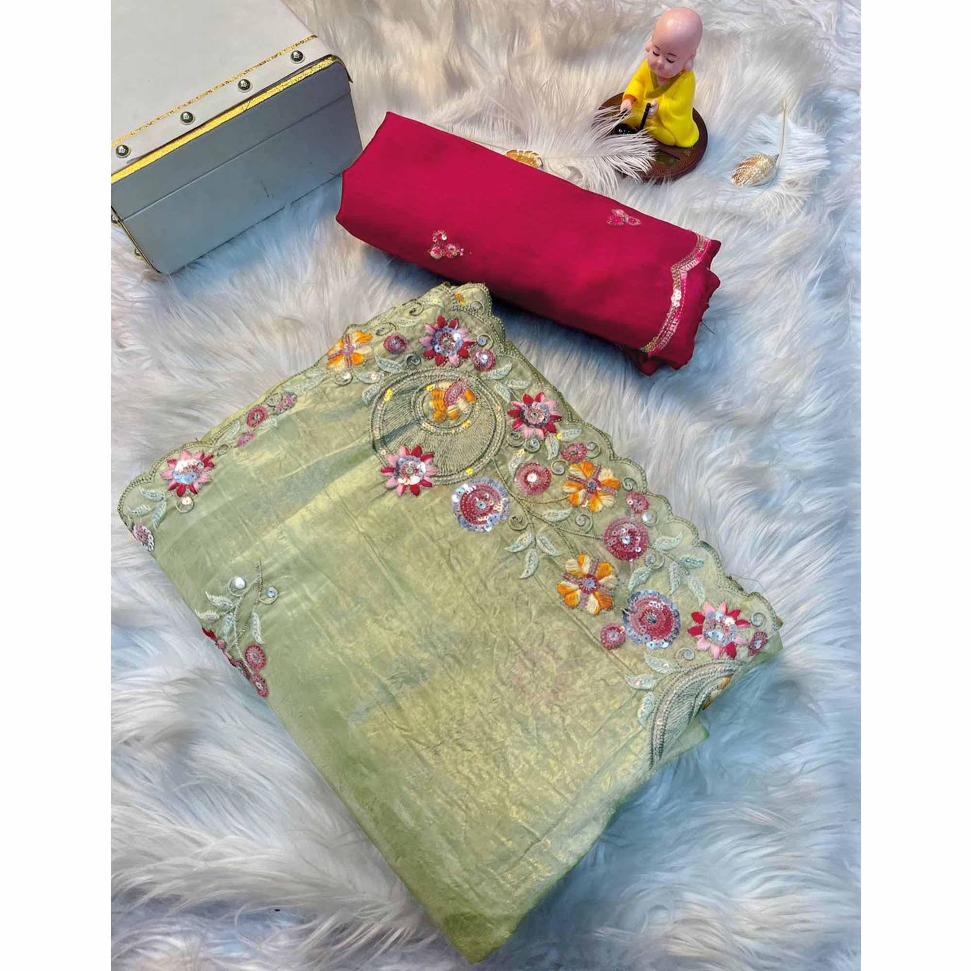 Premium Green Crush Satin Saree with Beautiful Floral Embroidery