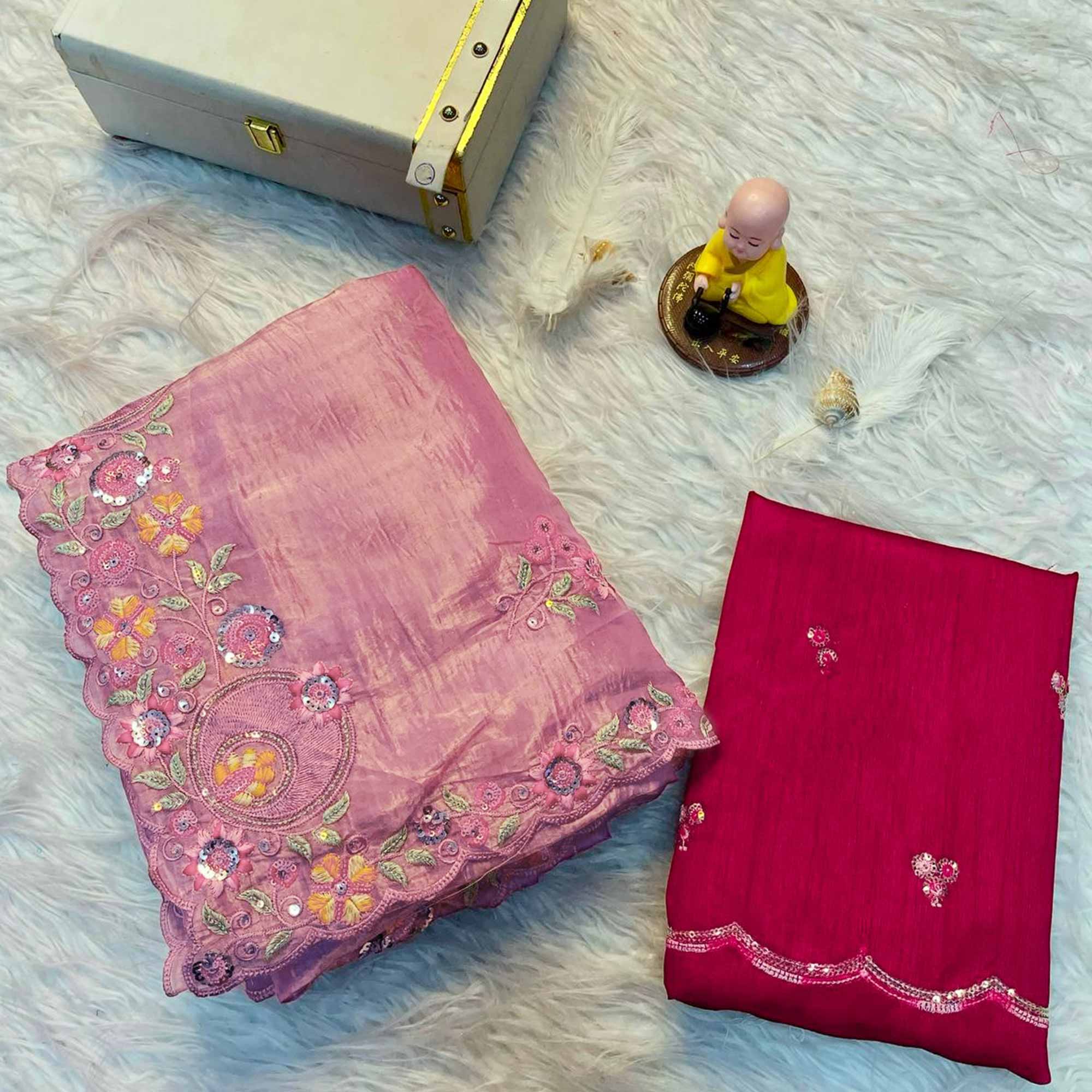 Premium Pink Crush Satin Saree with Beautiful Floral Embroidery
