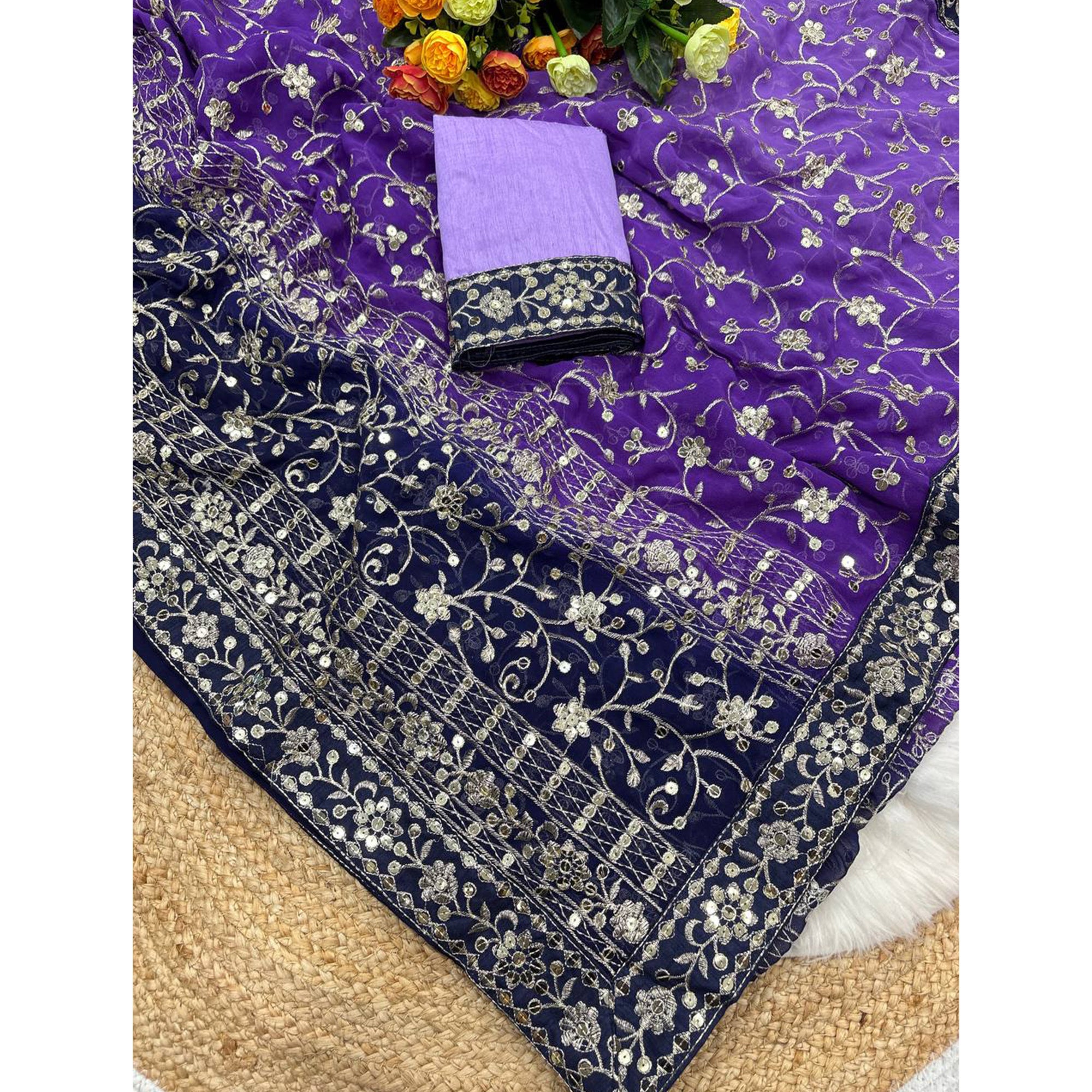 Beautiful Lavender Partywear Saree Crafted in Georgette with Sequins and Thread Work