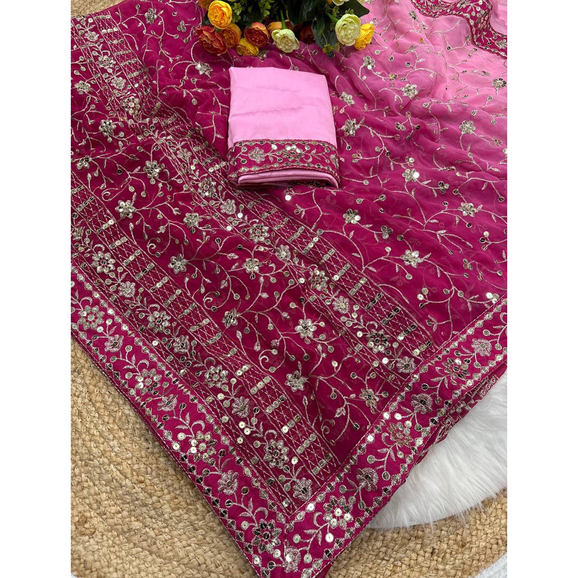 Beautiful Pink Partywear Saree Crafted in Georgette with Sequins and Thread Work