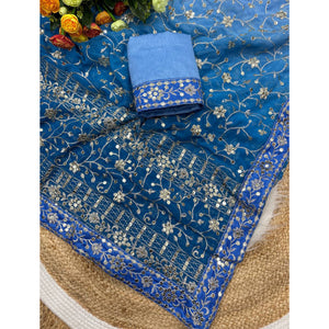 Beautiful Sky Blue Partywear Saree Crafted in Georgette with Sequins and Thread Work