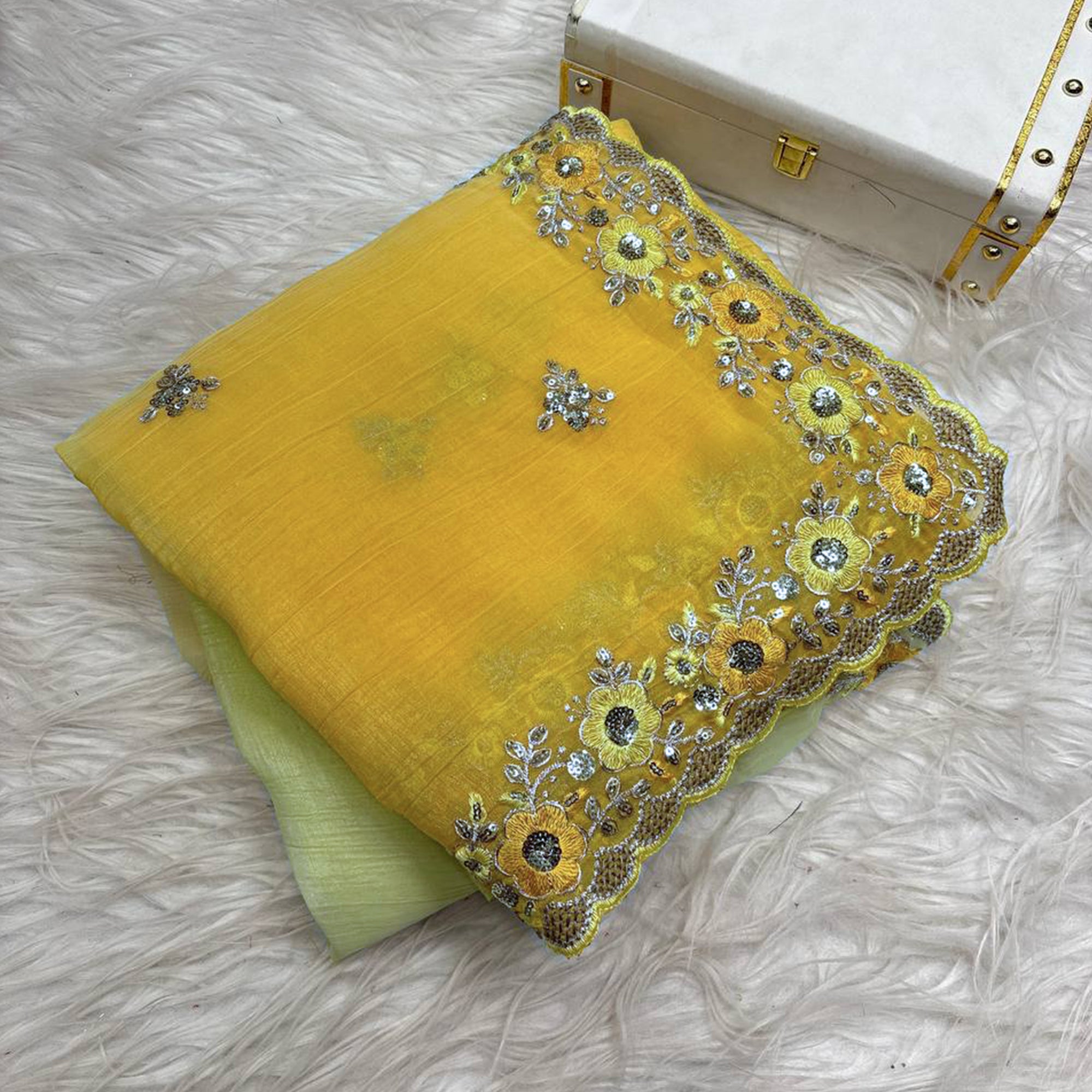 Radiant Yellow Crunchy Ombre Saree Adorned with Floral Thread Embroidery & Sequins Work
