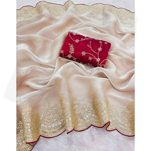 Stylish Chikoo Jimmy Choo Satin Silk Saree Beautified with Floral Zari Embroidery & Sequins Work