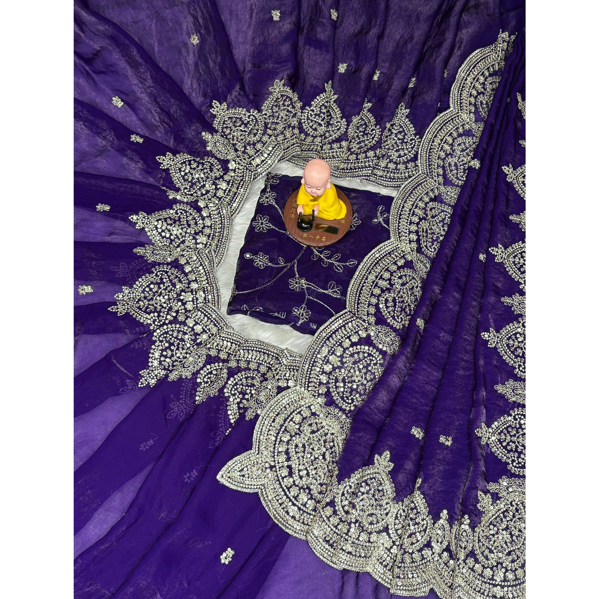 Designer Violet Fandy Satin Saree with All-Over Sequins Embellishments