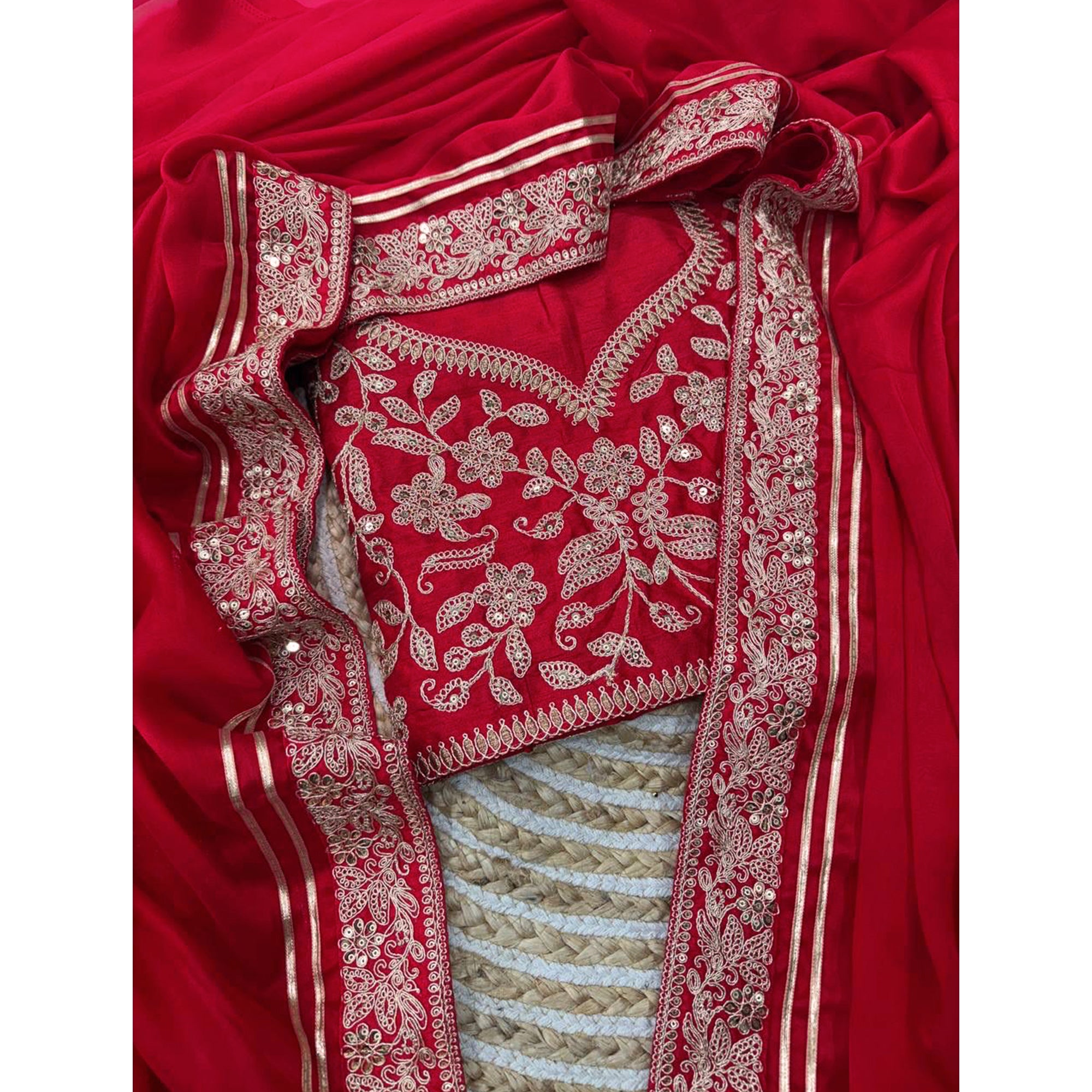 Red Partywear Silk Blend Saree Featuring Rich Silver Thread and Sequins Work