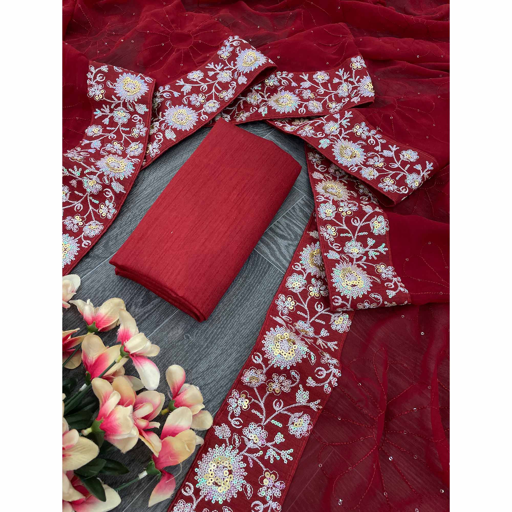 Red Designer Saree In Georgette With Delicate Floral Sequins Embroidery Work