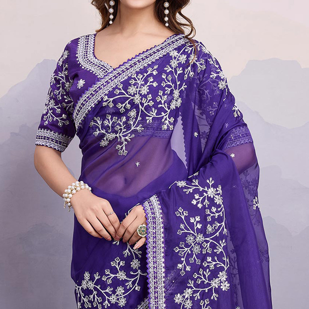 Violet Blue Floral Sequins Embroidered Organza Saree With Lace Border