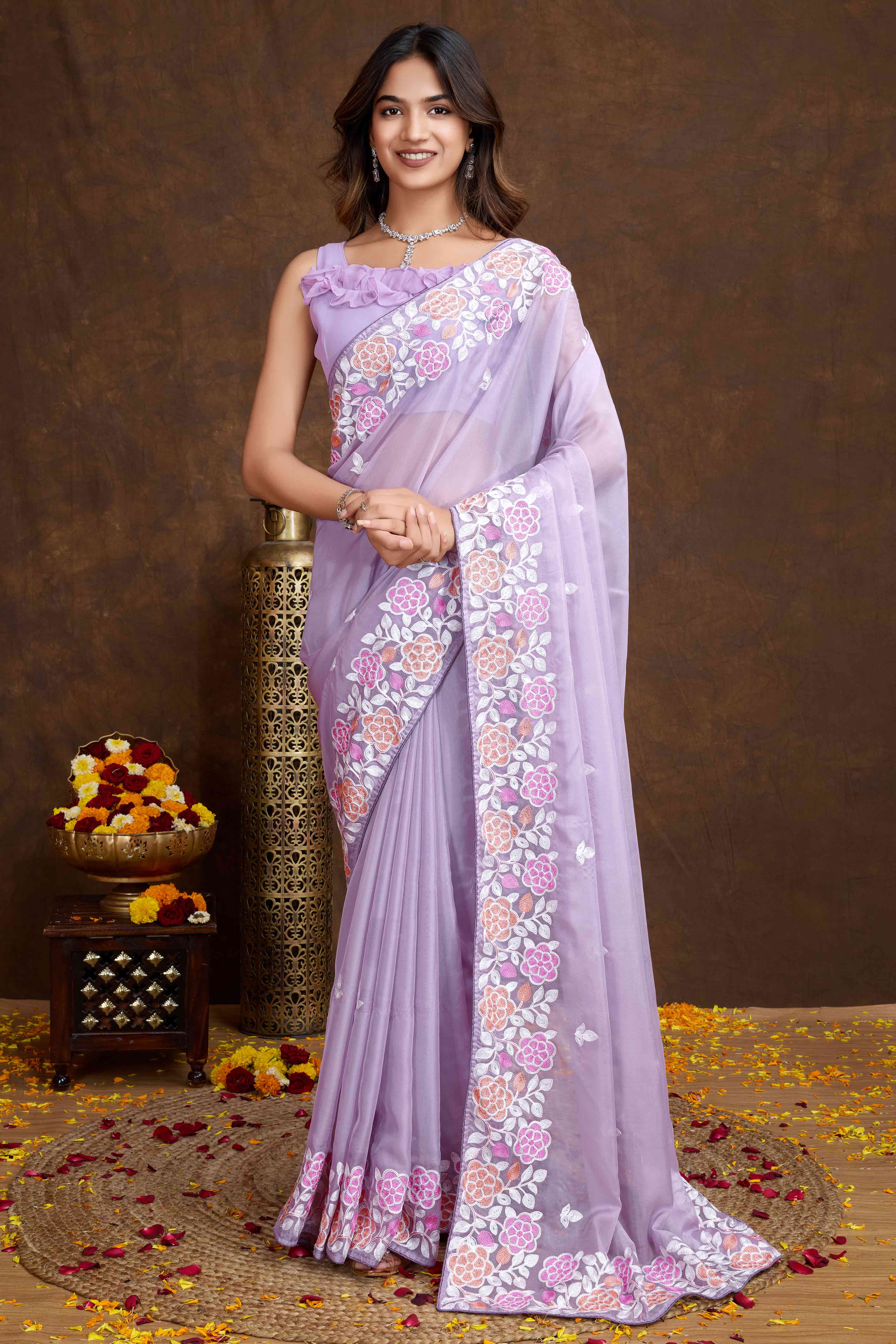 Lavender Floral Sequins Embroidered Organza Silk Saree