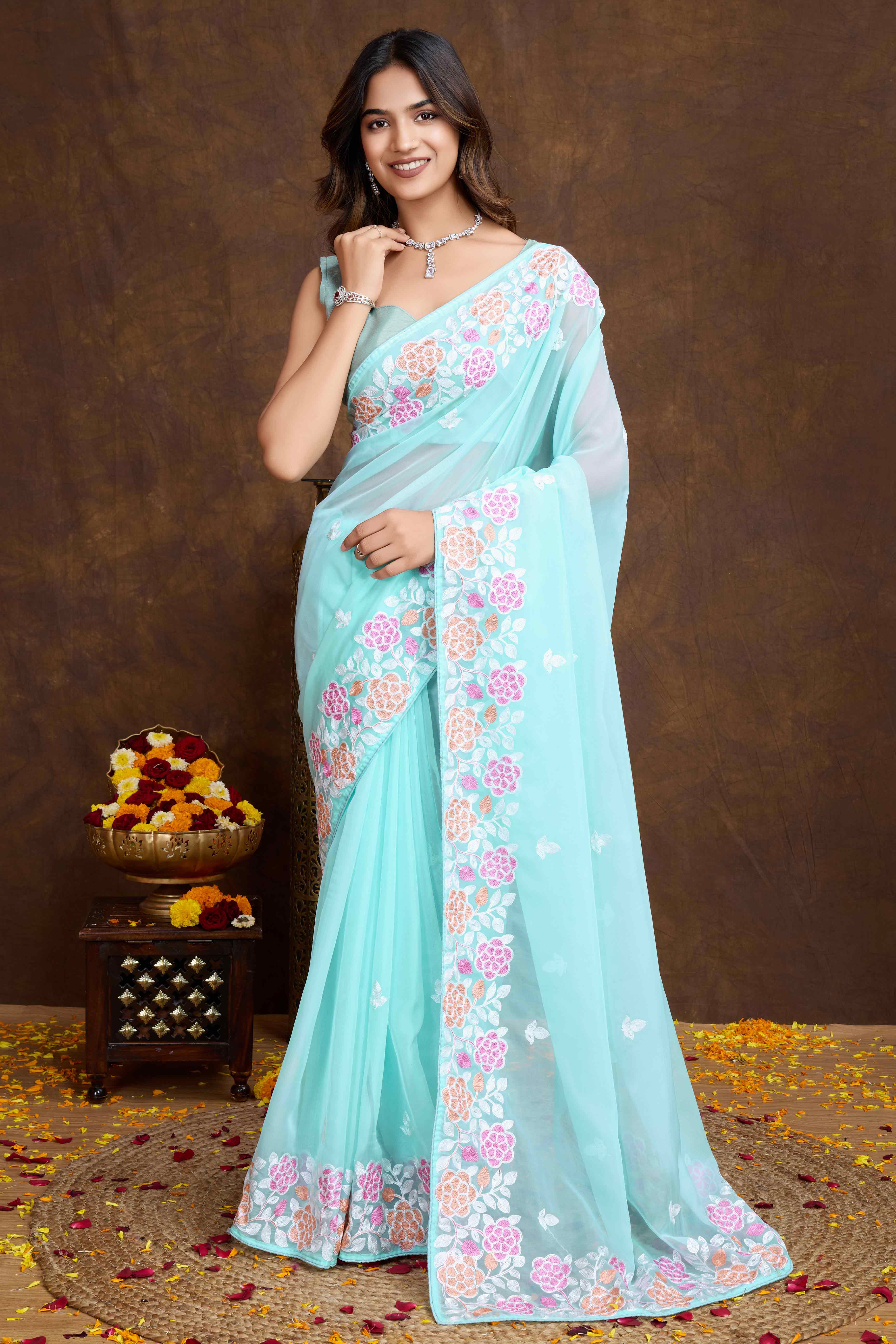 Blue Floral Sequins Embroidered Organza Silk Saree