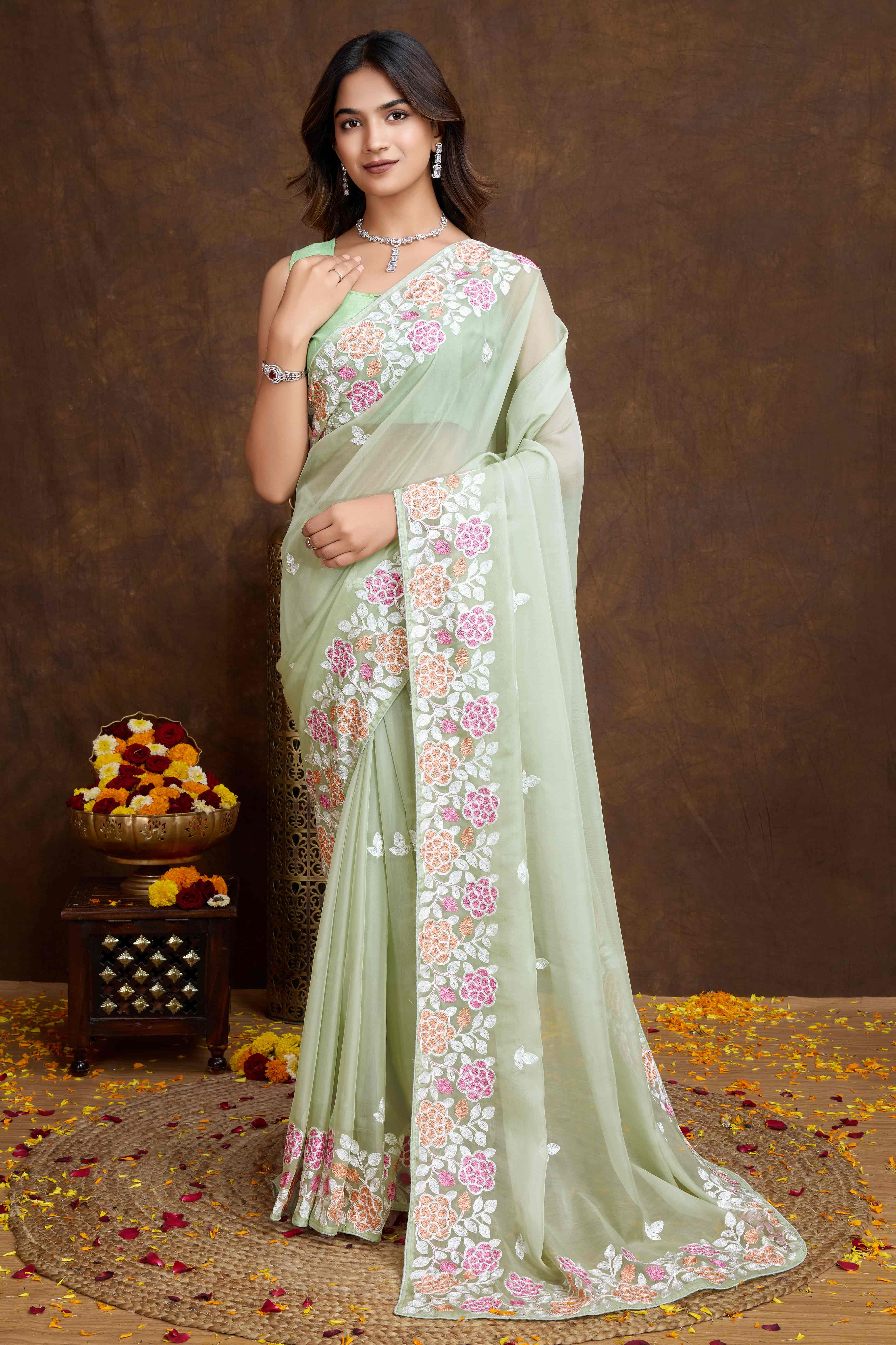 Green Floral Sequins Embroidered Organza Silk Saree