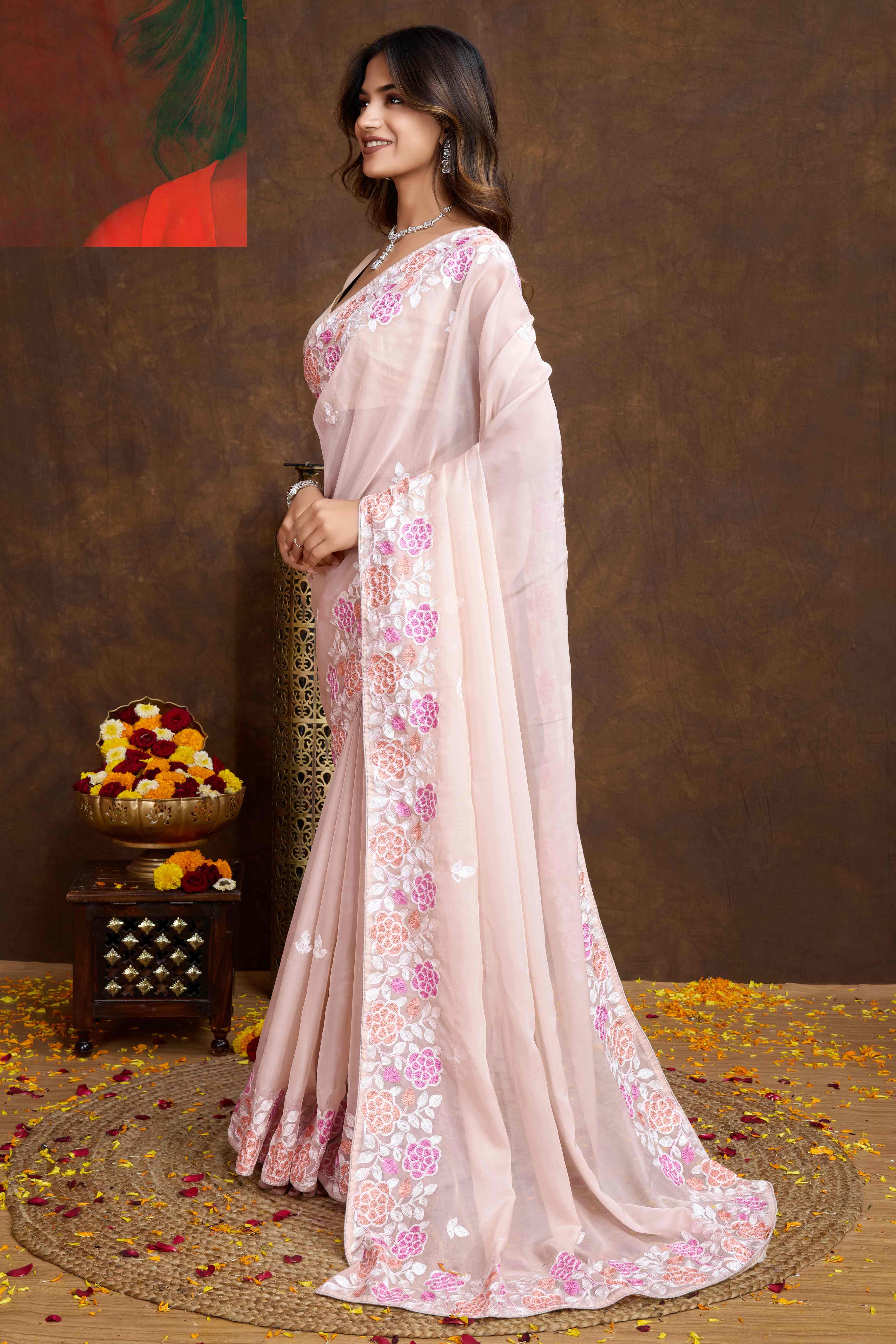 Light Peach Floral Sequins Embroidered Organza Silk Saree