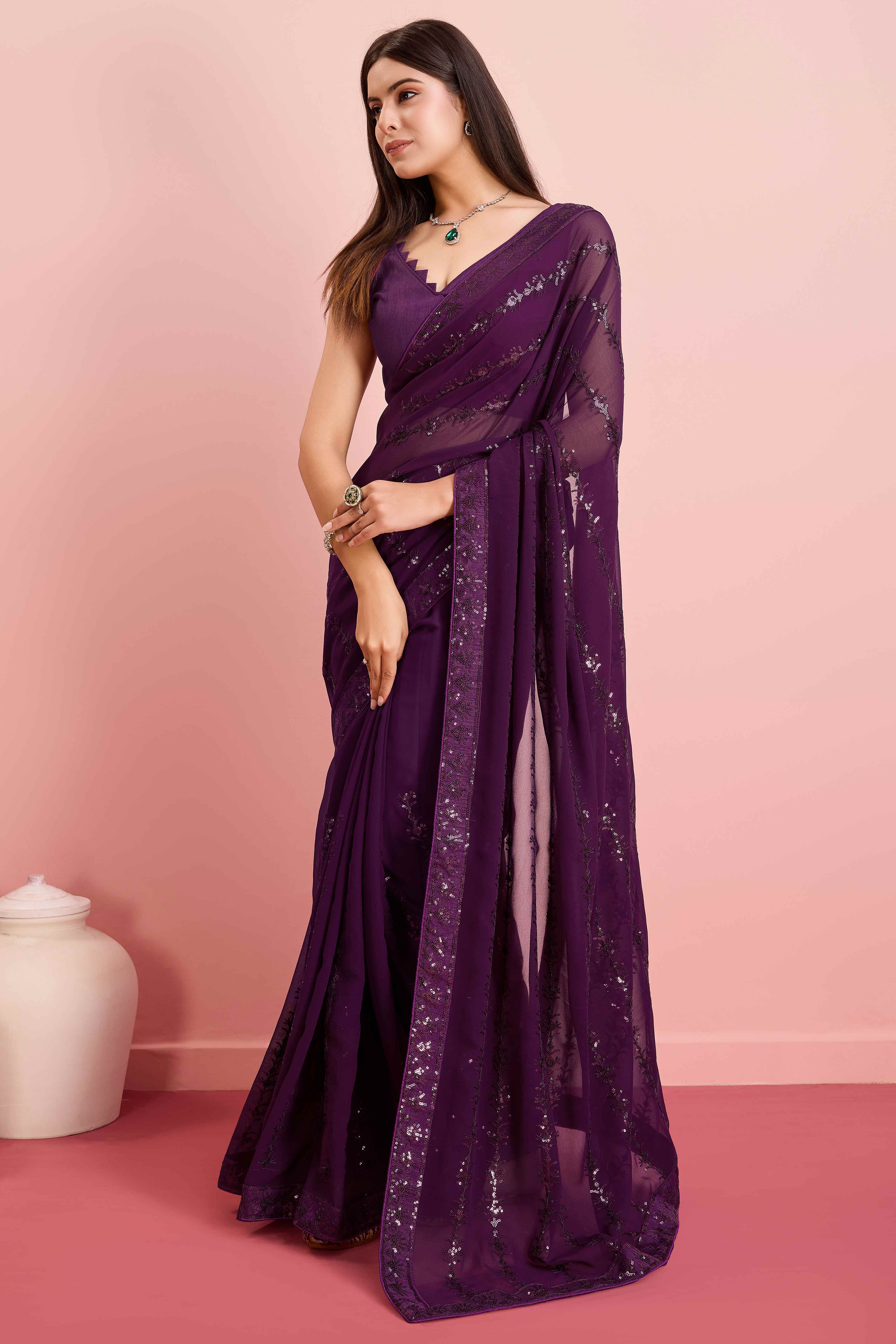 Wine Floral Sequins Embroidered Georgette Saree