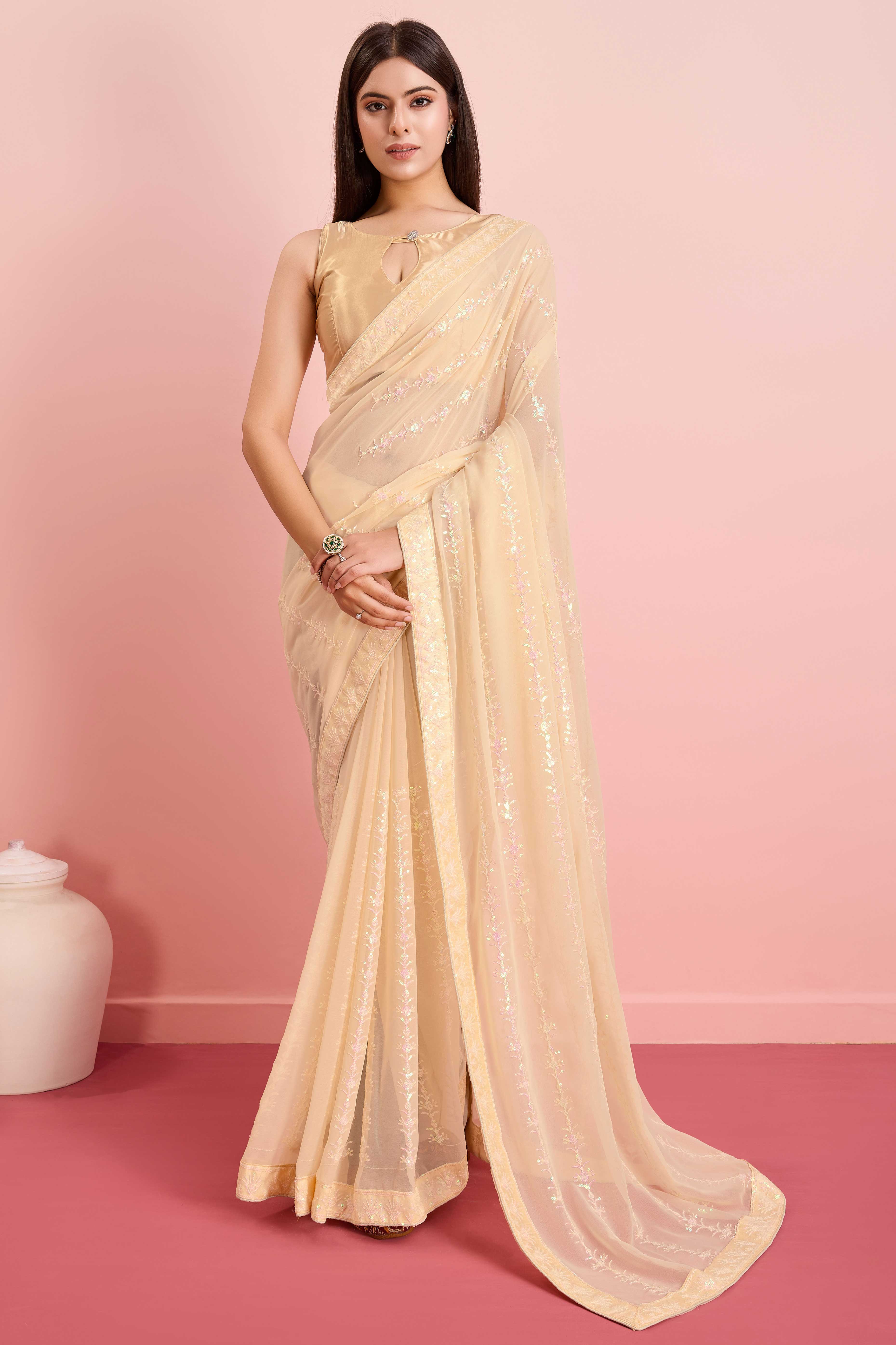 Cream Floral Sequins Embroidered Georgette Saree