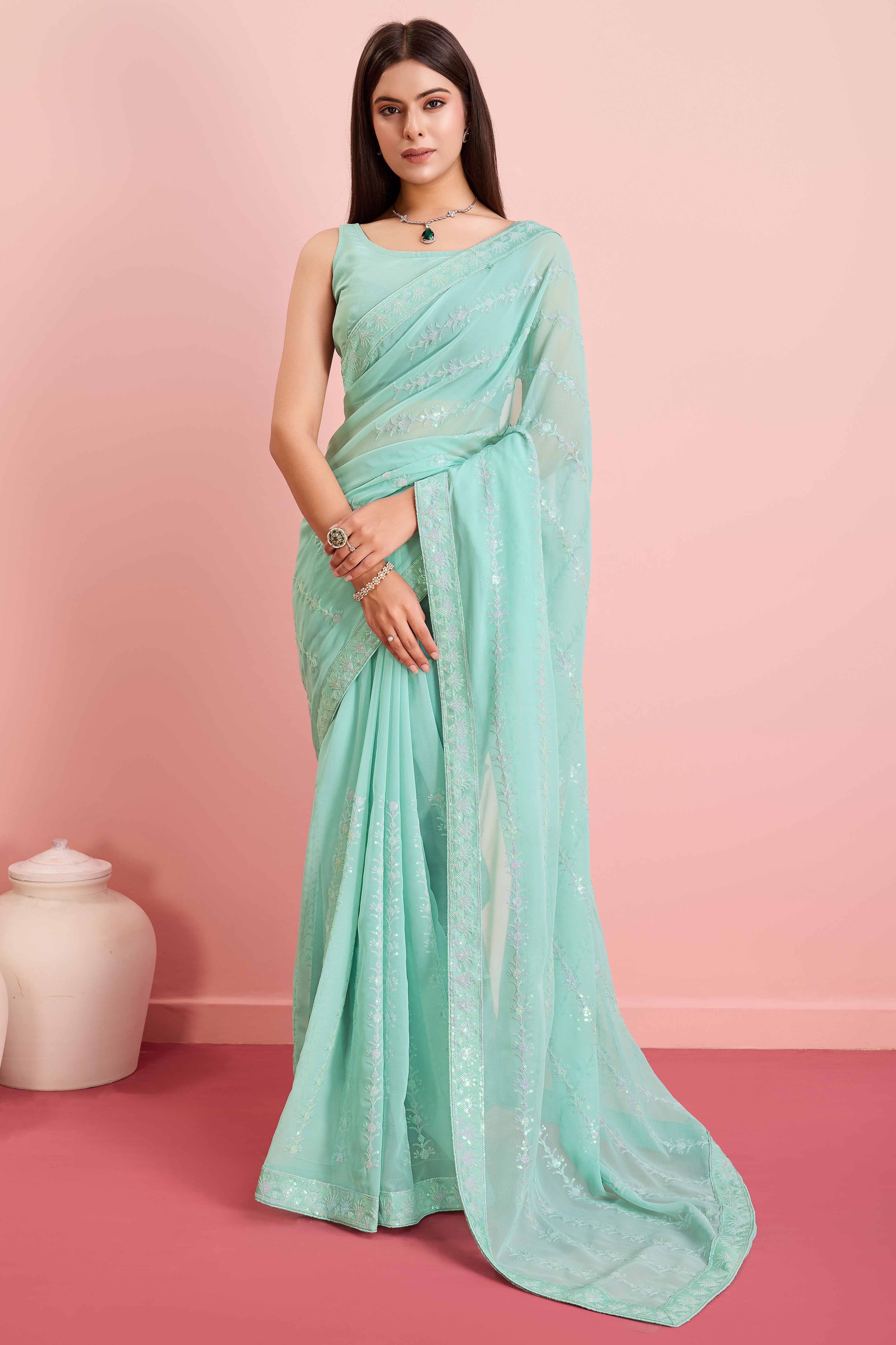 Turquoise Floral Sequins Embroidered Georgette Saree