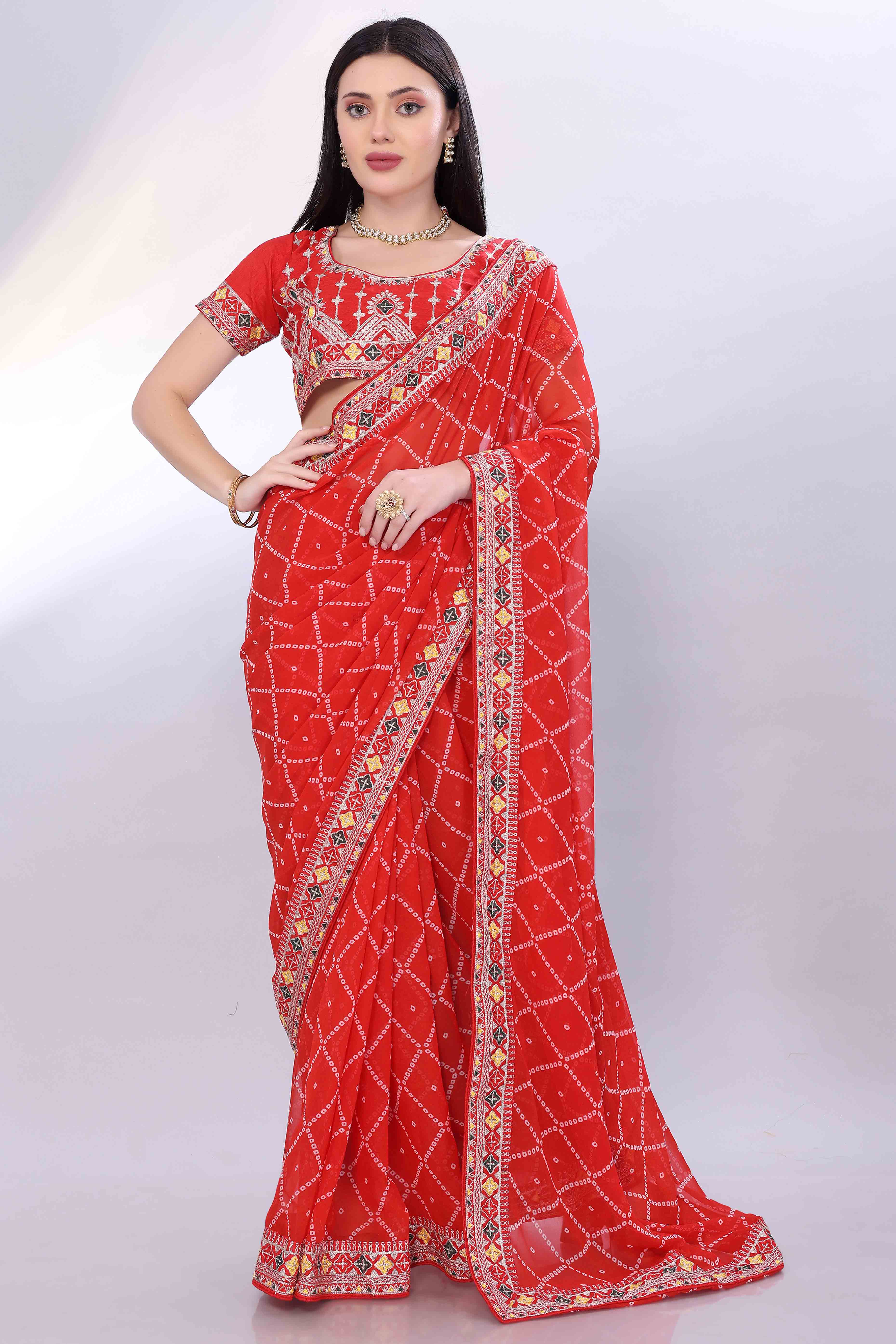 Red Bandhani Printed Georgette Saree Framed With Elegant Embroidered Border