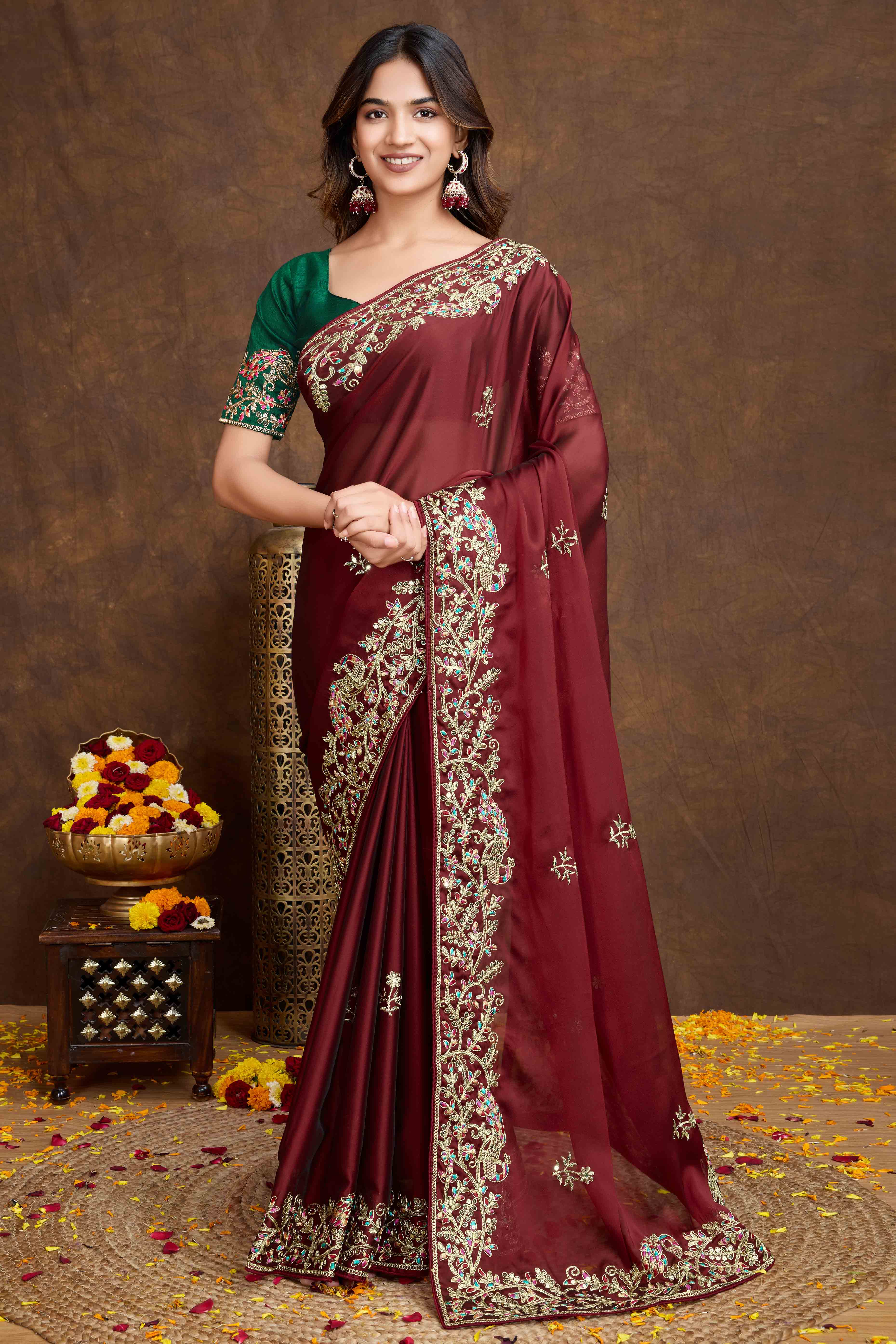 Maroon Floral Sequins Embroidered Vichitra Rangoli Silk Saree