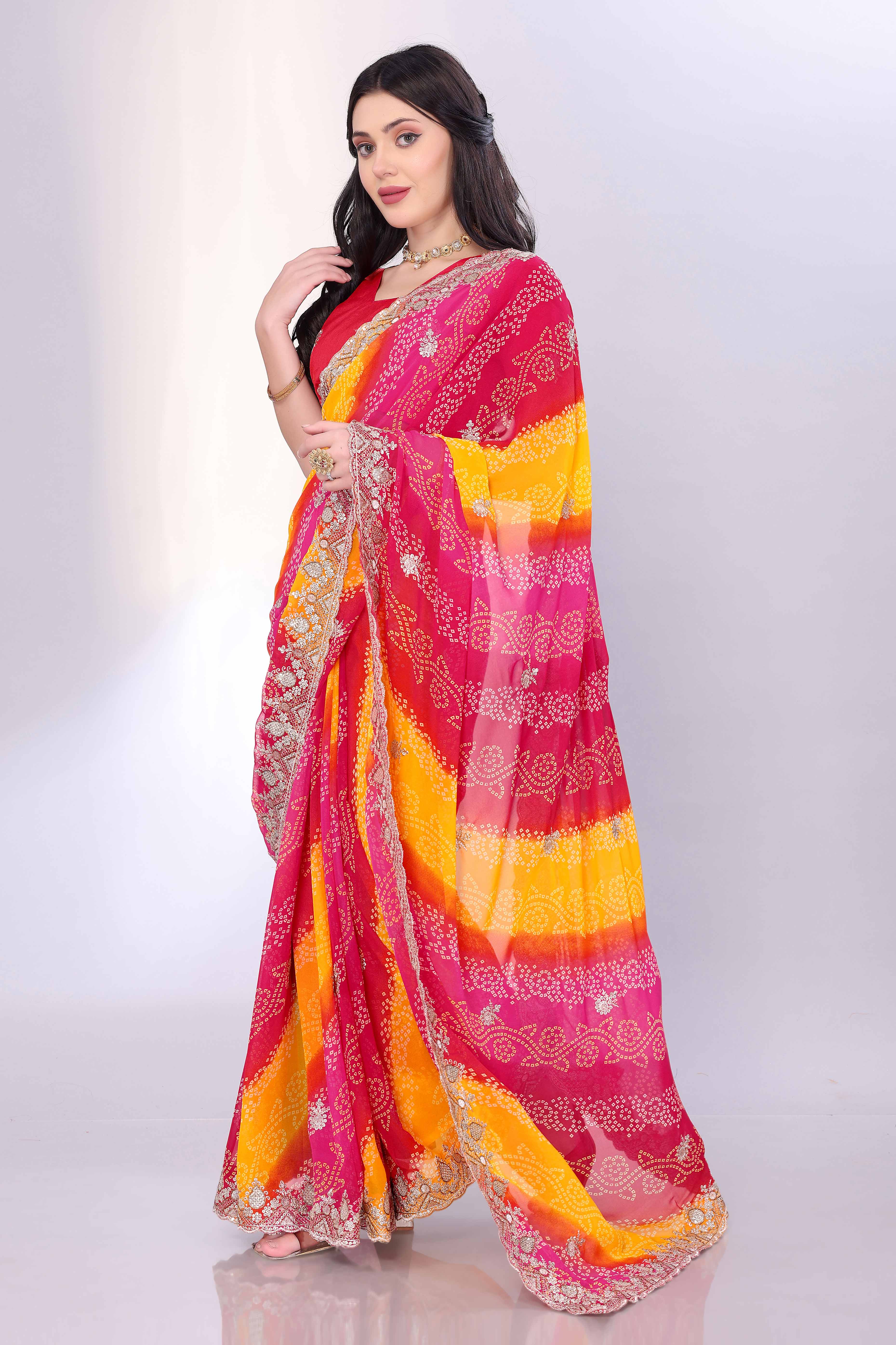Pink Georgette Saree Showcasing Bandhani Print & Delicate Floral Sequins Embroidery