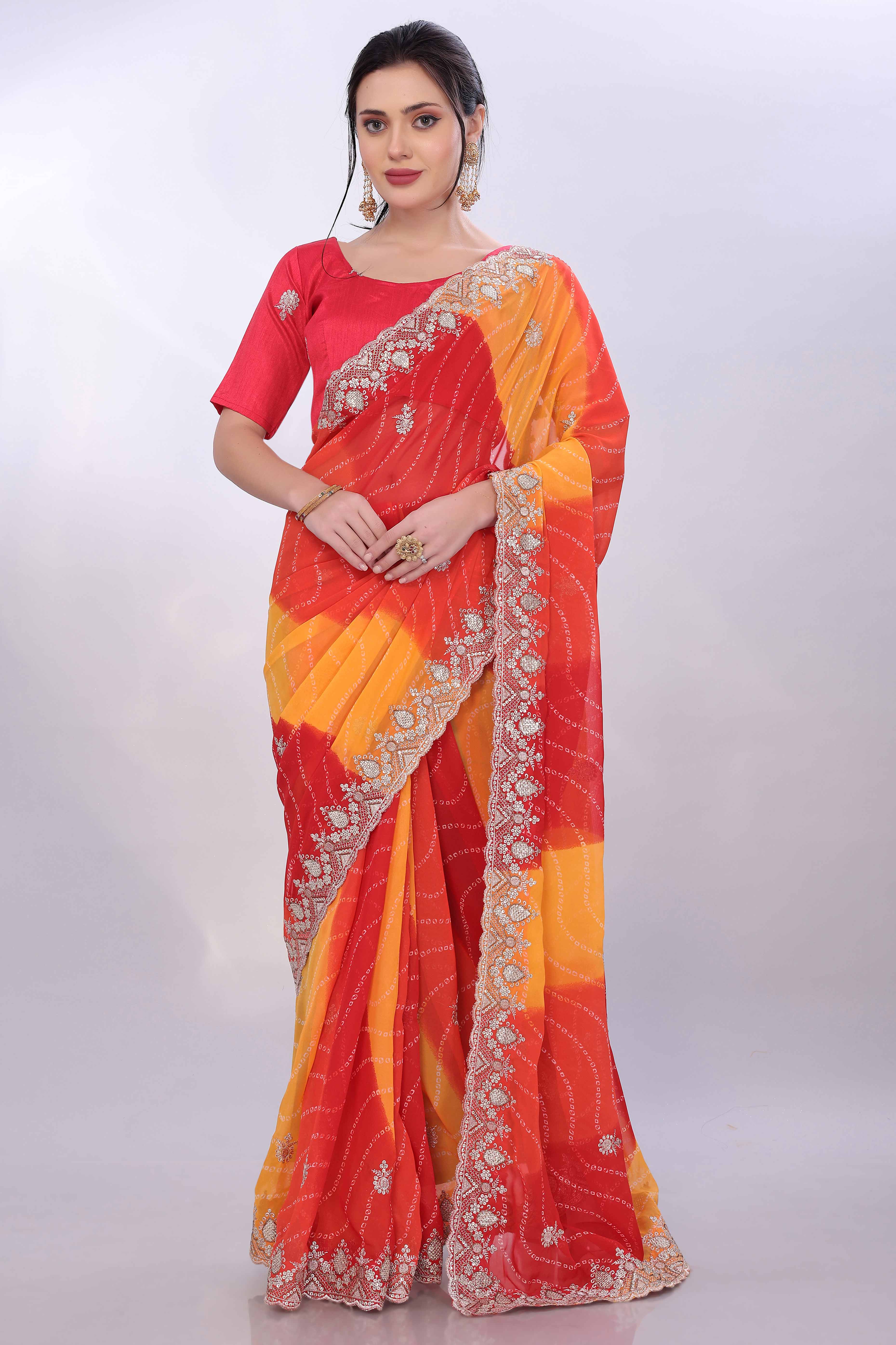 Red & Yellow Georgette Saree Showcasing Bandhani Print & Delicate Floral Sequins Embroidery