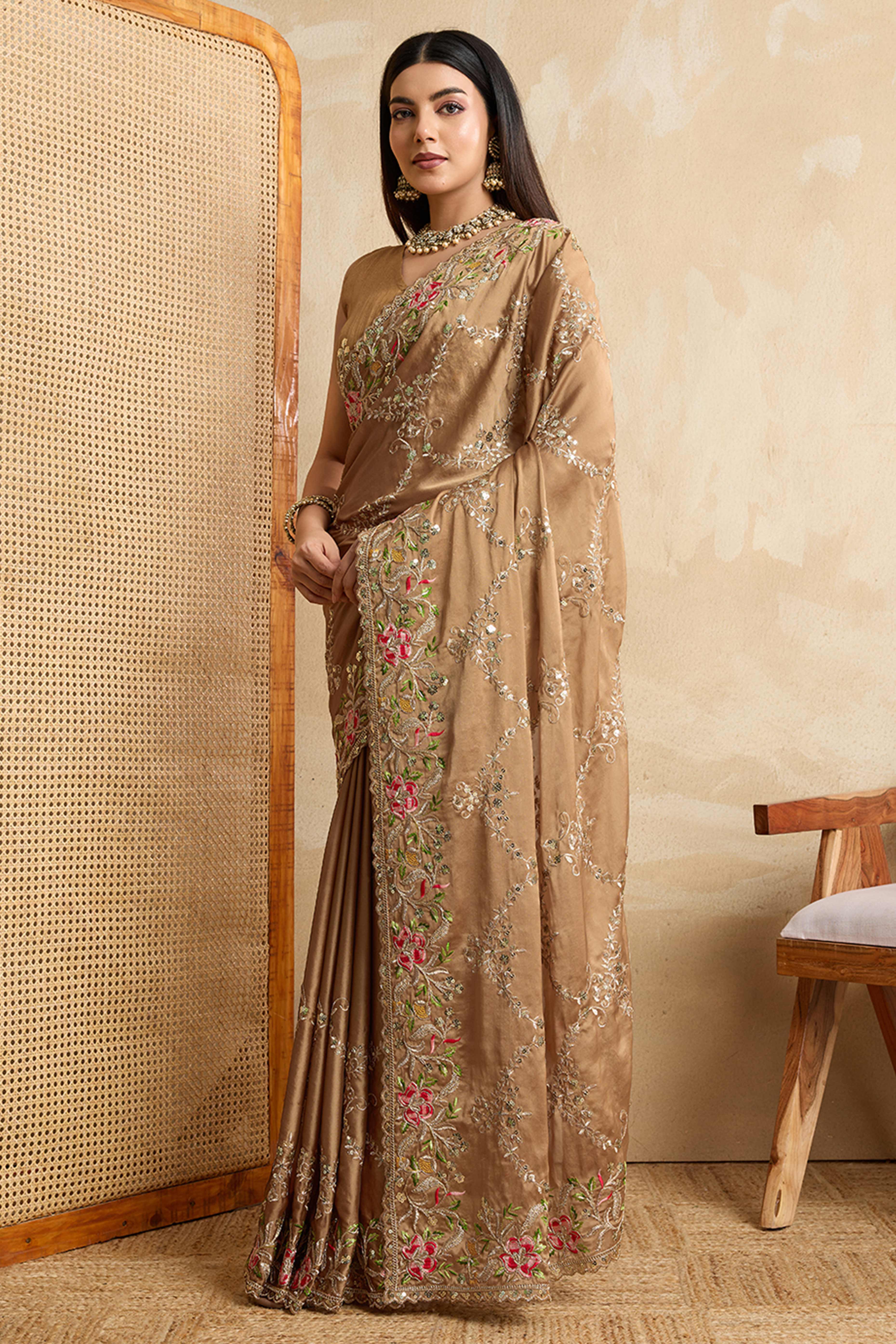 Brown Embroidered Art Silk Saree with Shimmering Sequin Highlights