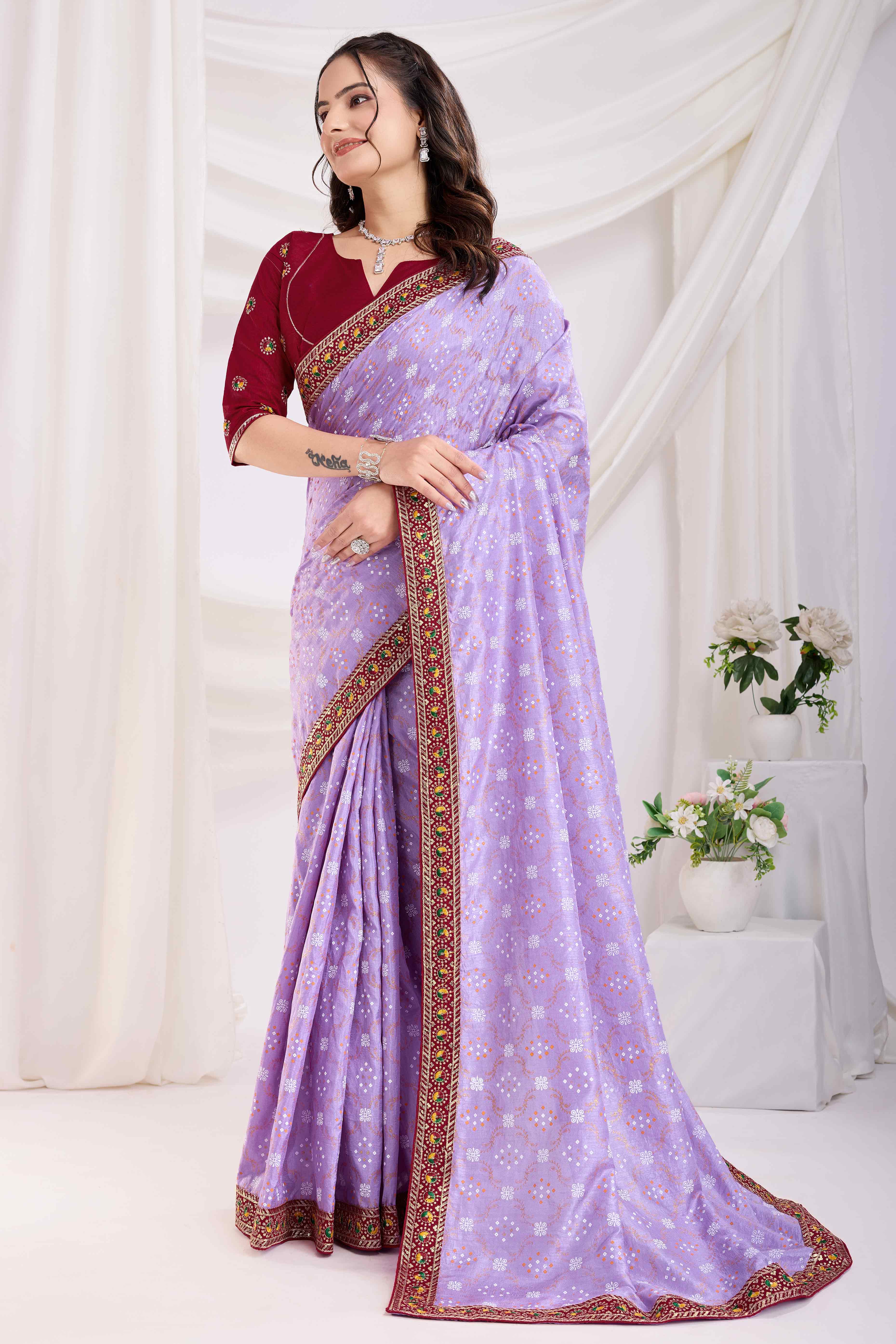 Lavender Bandhani Printed Vichitra Silk Saree With Embroidery Border