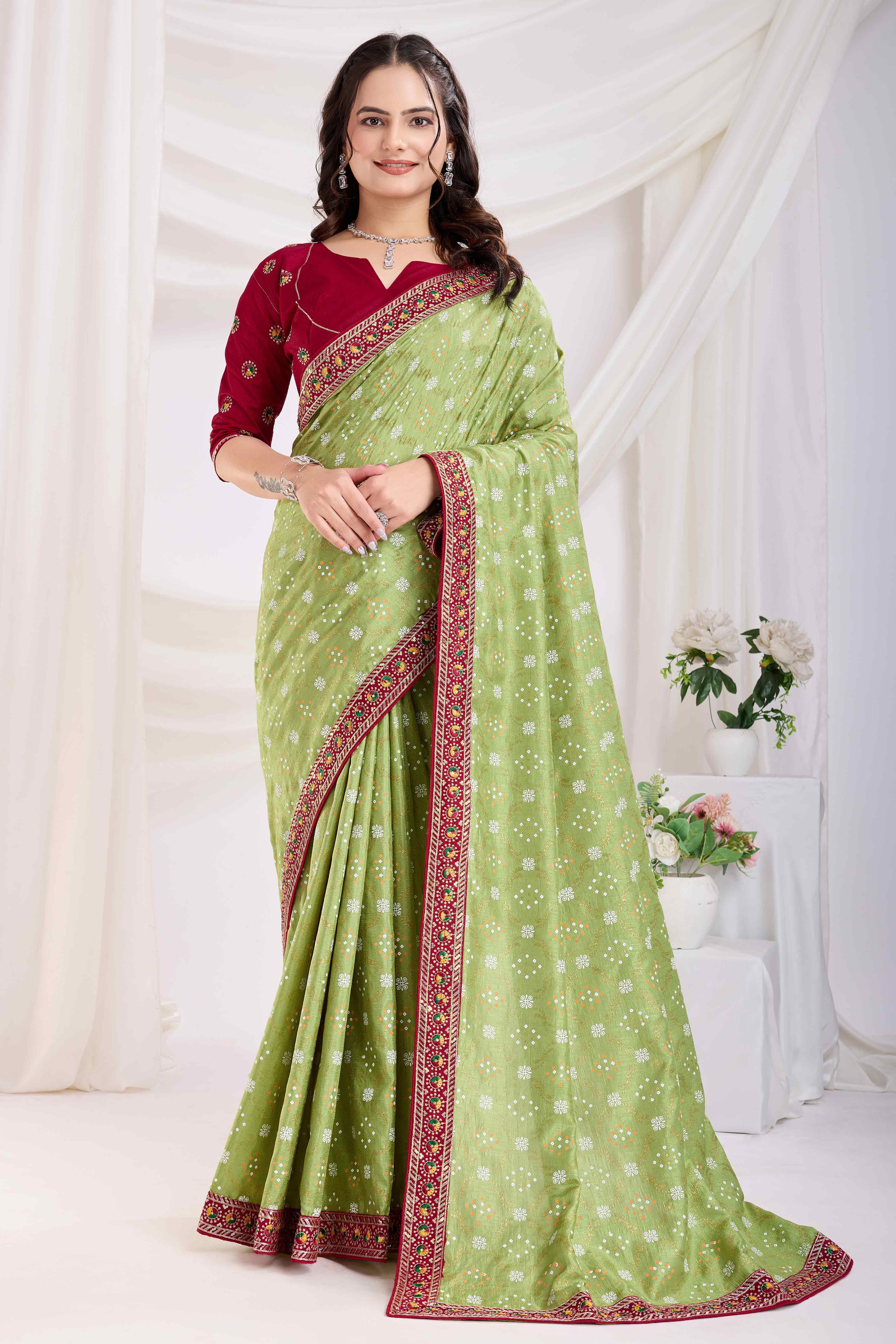 Green Bandhani Printed Vichitra Silk Saree With Embroidery Border