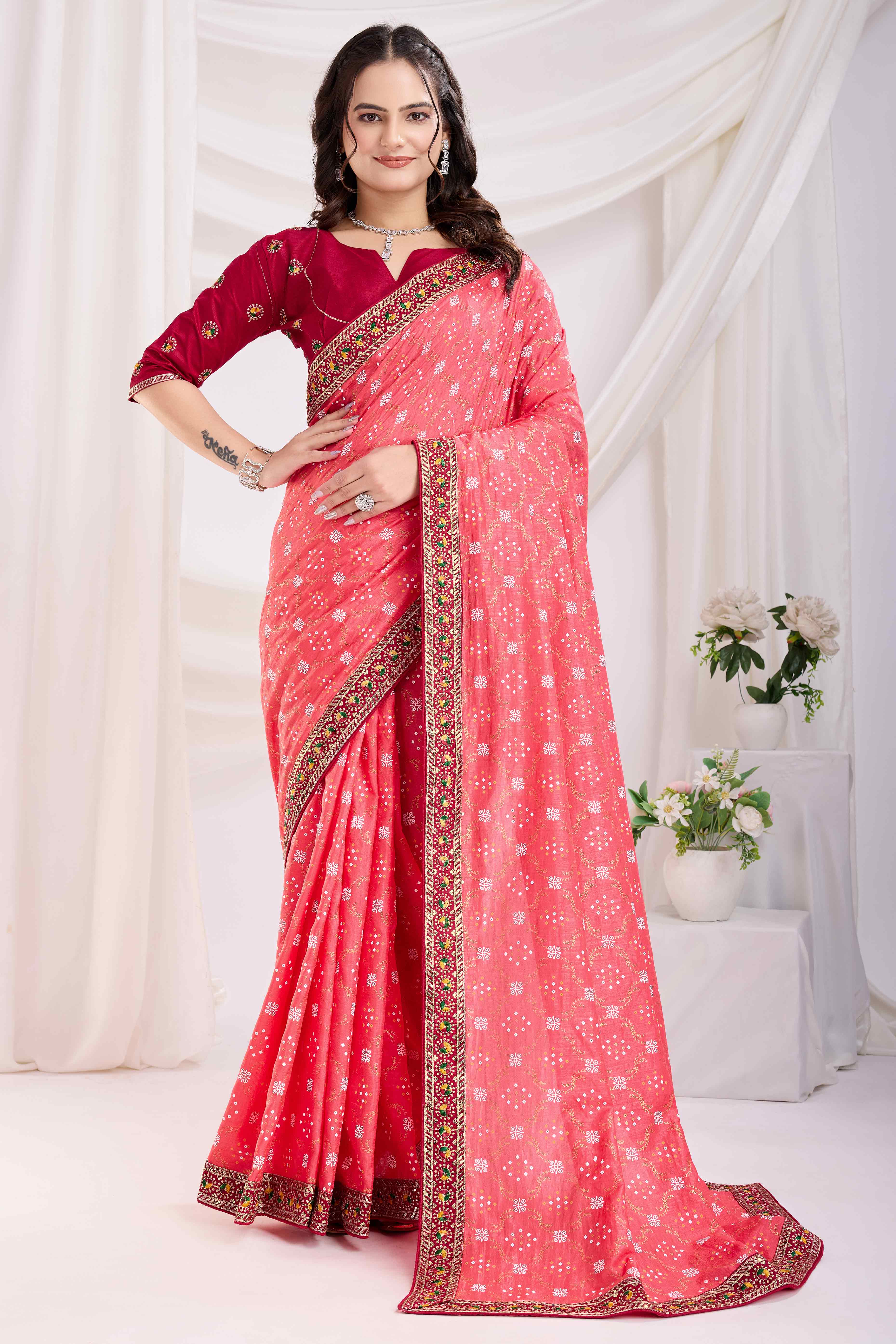 Gajari Pink Bandhani Printed Vichitra Silk Saree With Embroidery Border