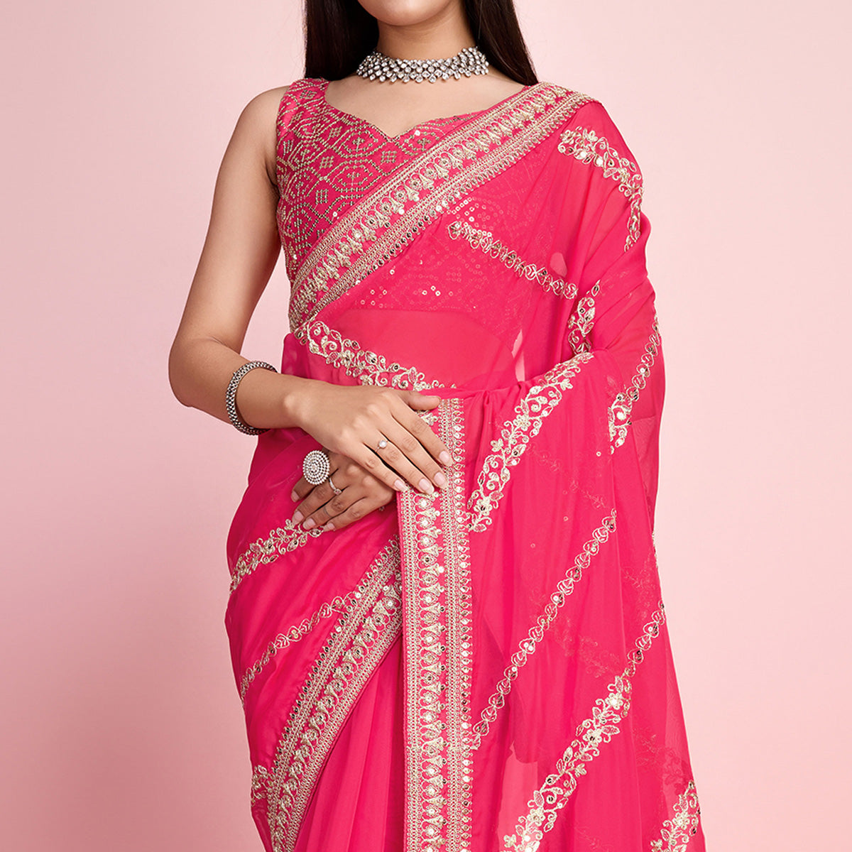 Pink Floral Sequins Embroidered Organza Saree