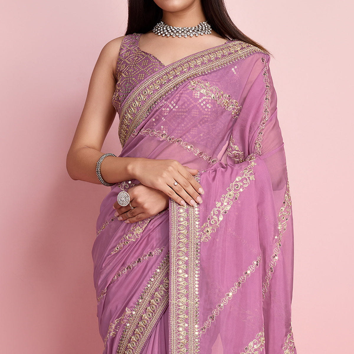 Pink Floral Sequins Embroidered Organza Saree