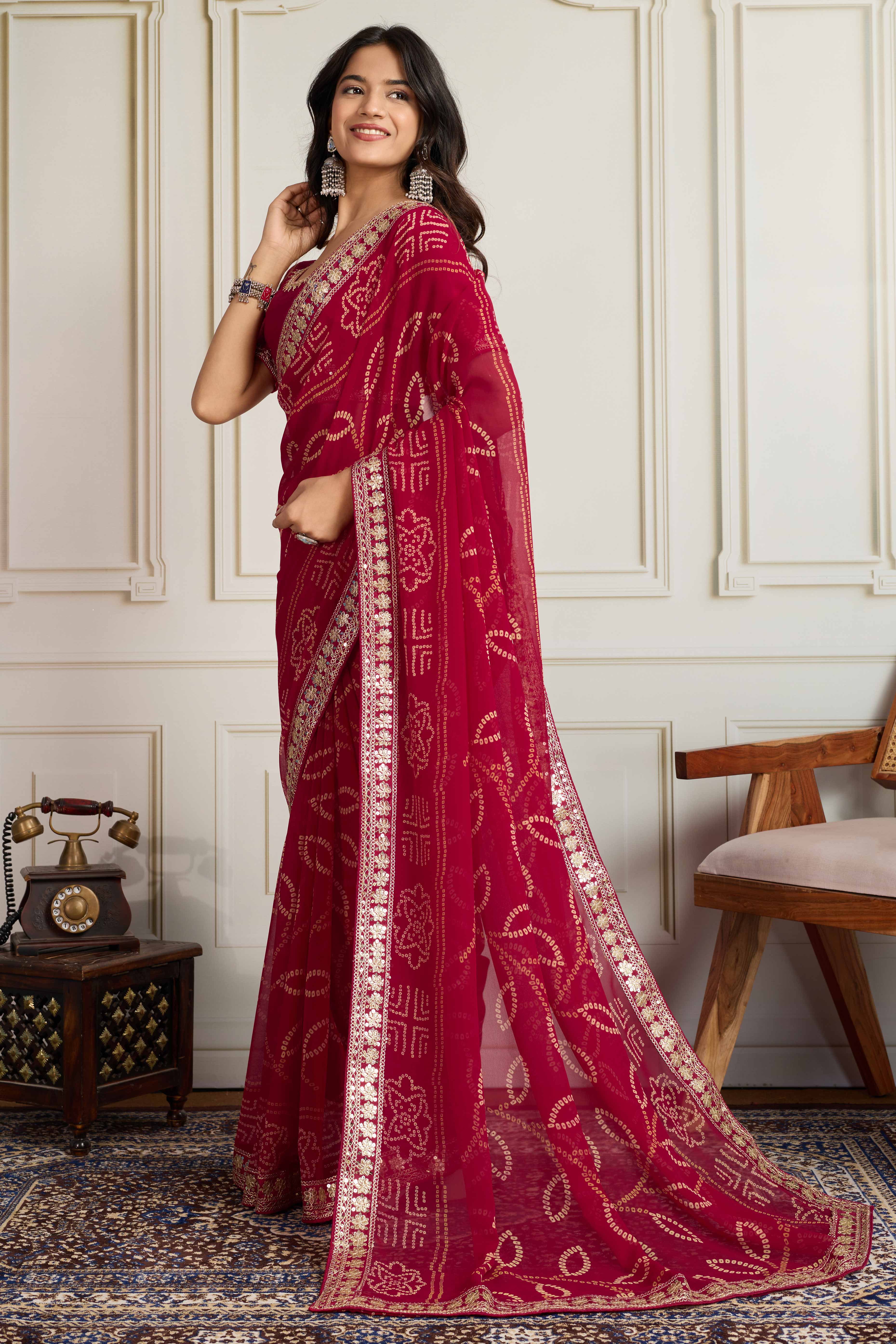 Pink Bandhani Digital Printed Georgette Saree Enhanced With Cording Embroidered Border