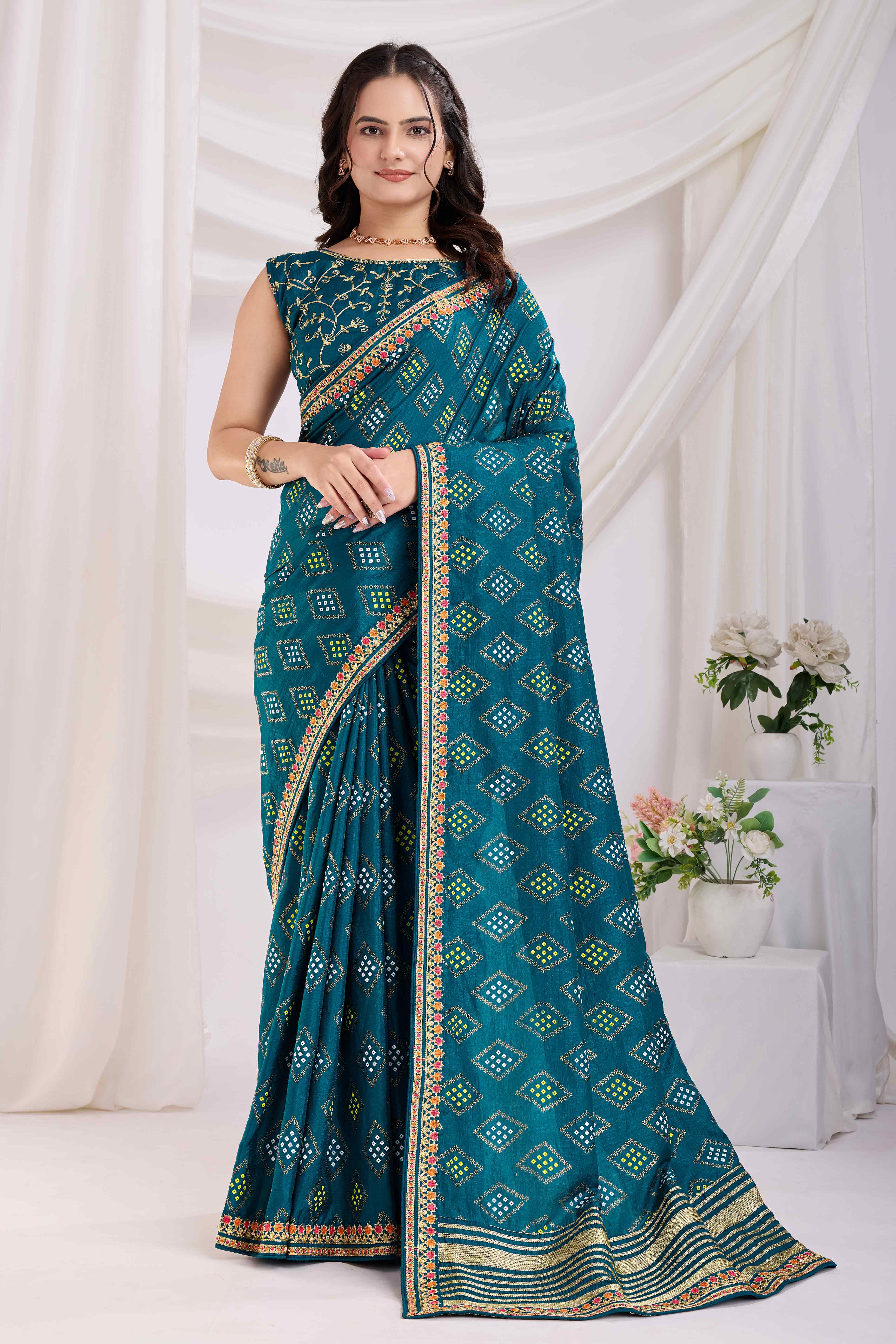 Teal Bandhani Printed Vichitra Silk Saree With Embroidery Border