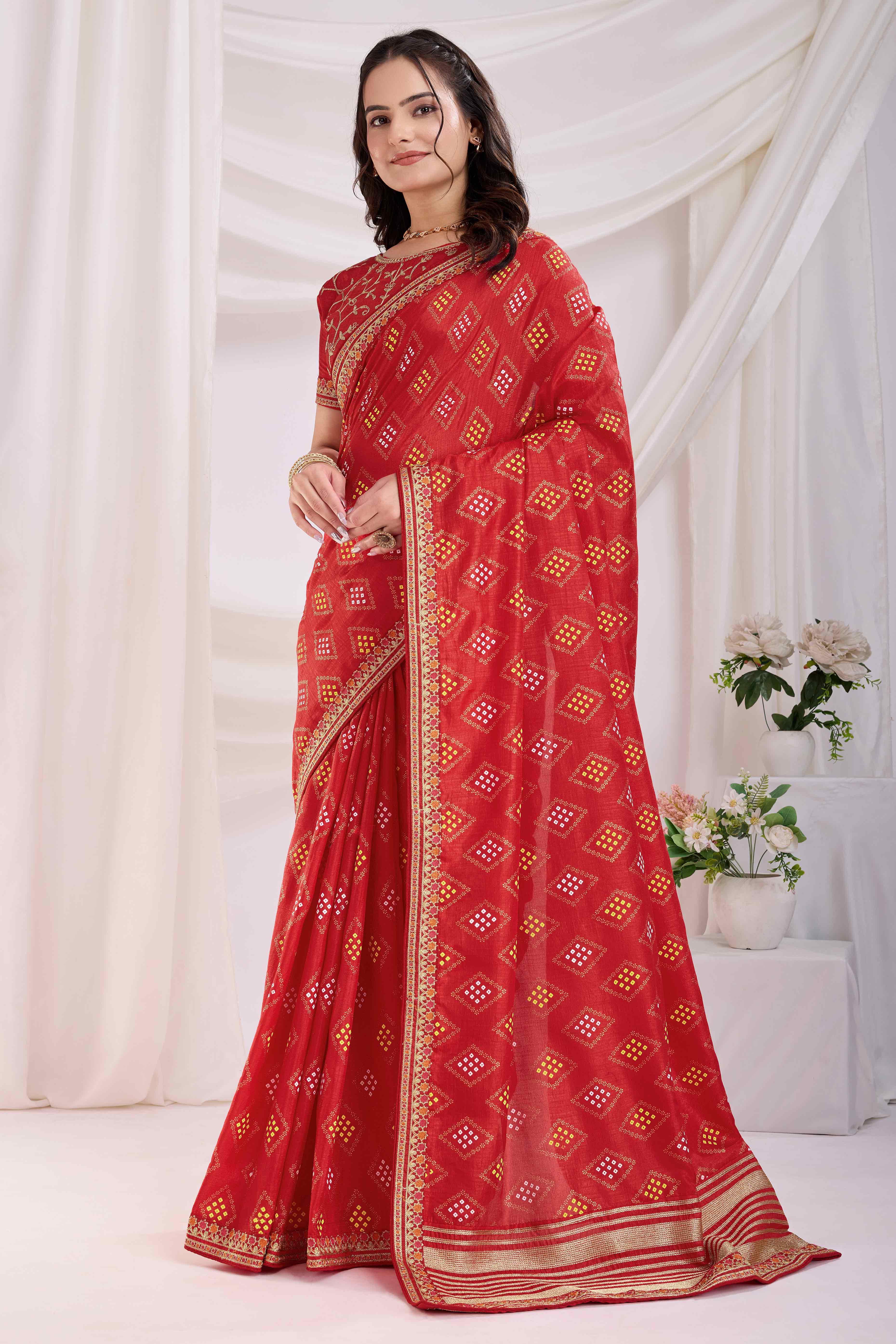Red Bandhani Printed Vichitra Silk Saree With Embroidery Border
