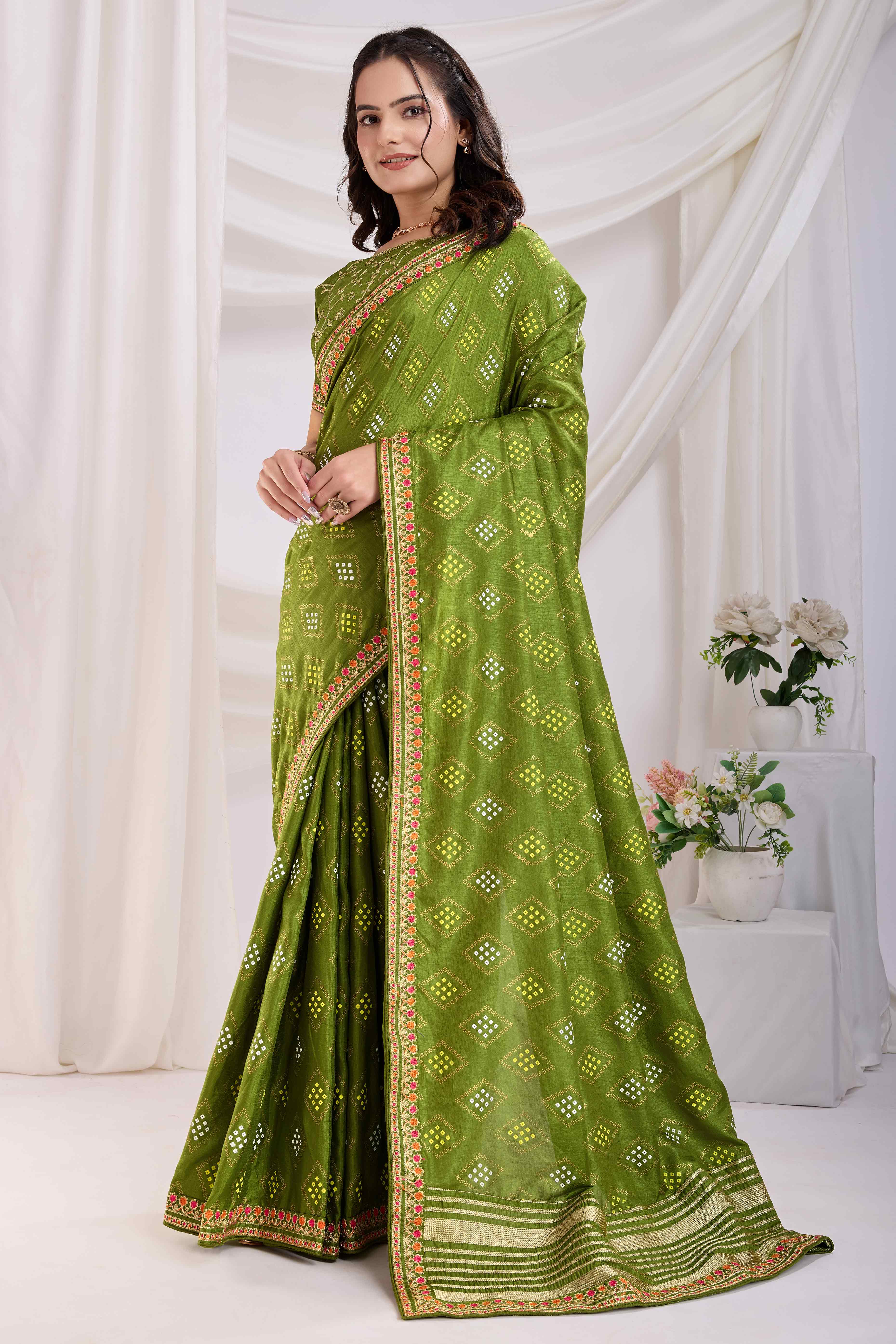 Green Bandhani Printed Vichitra Silk Saree With Embroidery Border