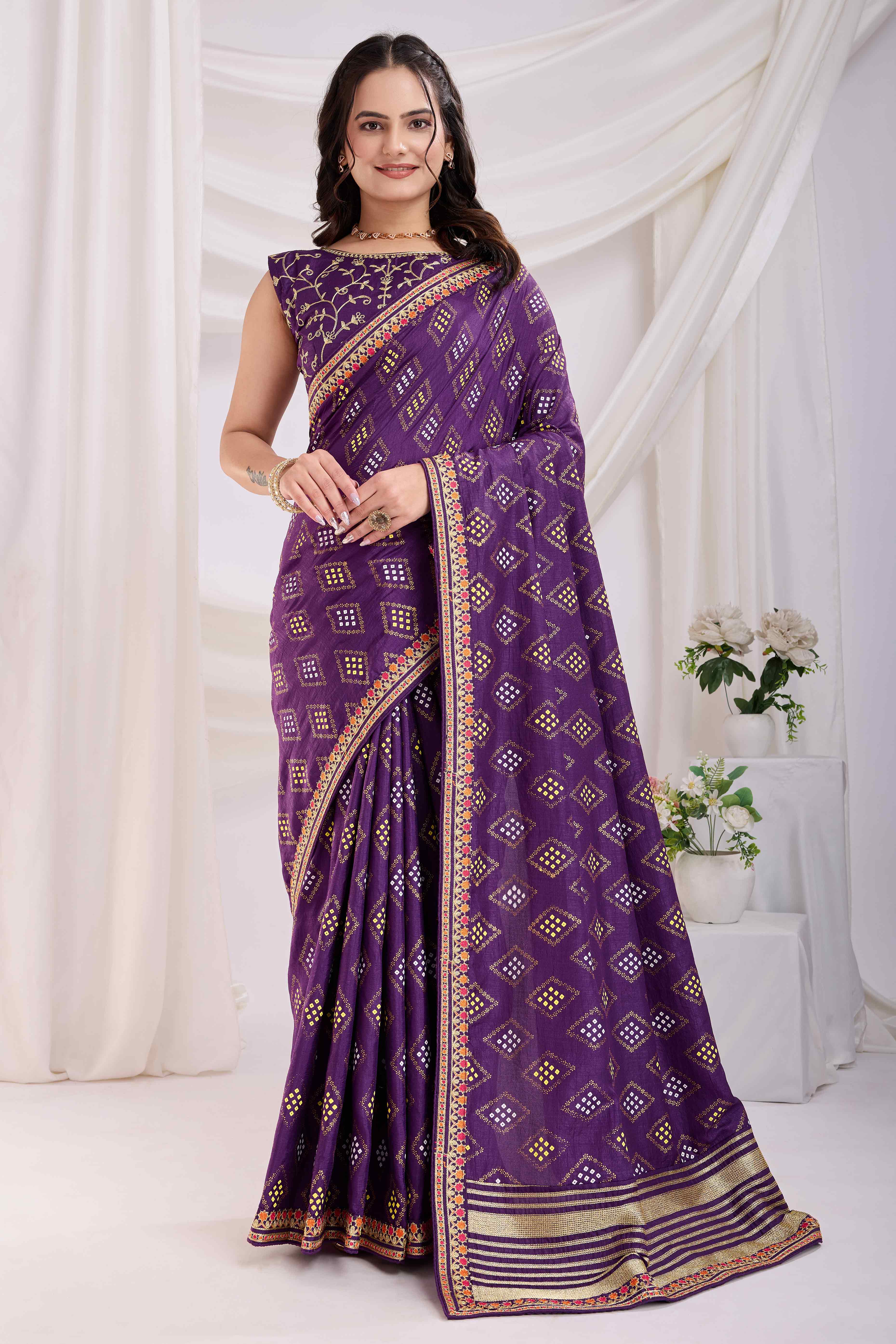 Purple Bandhani Printed Vichitra Silk Saree With Embroidery Border