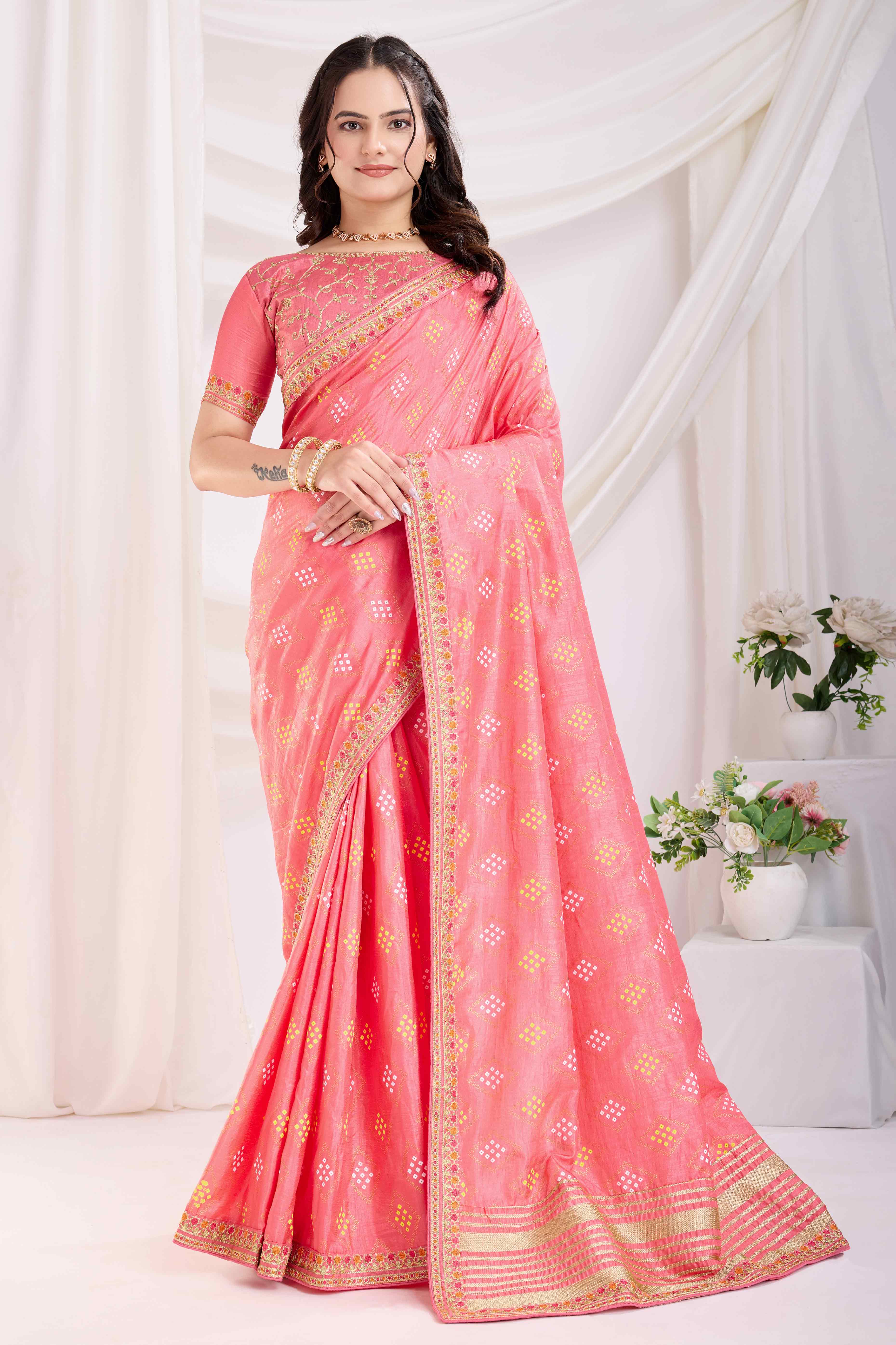 Peach Bandhani Printed Vichitra Silk Saree With Embroidery Border