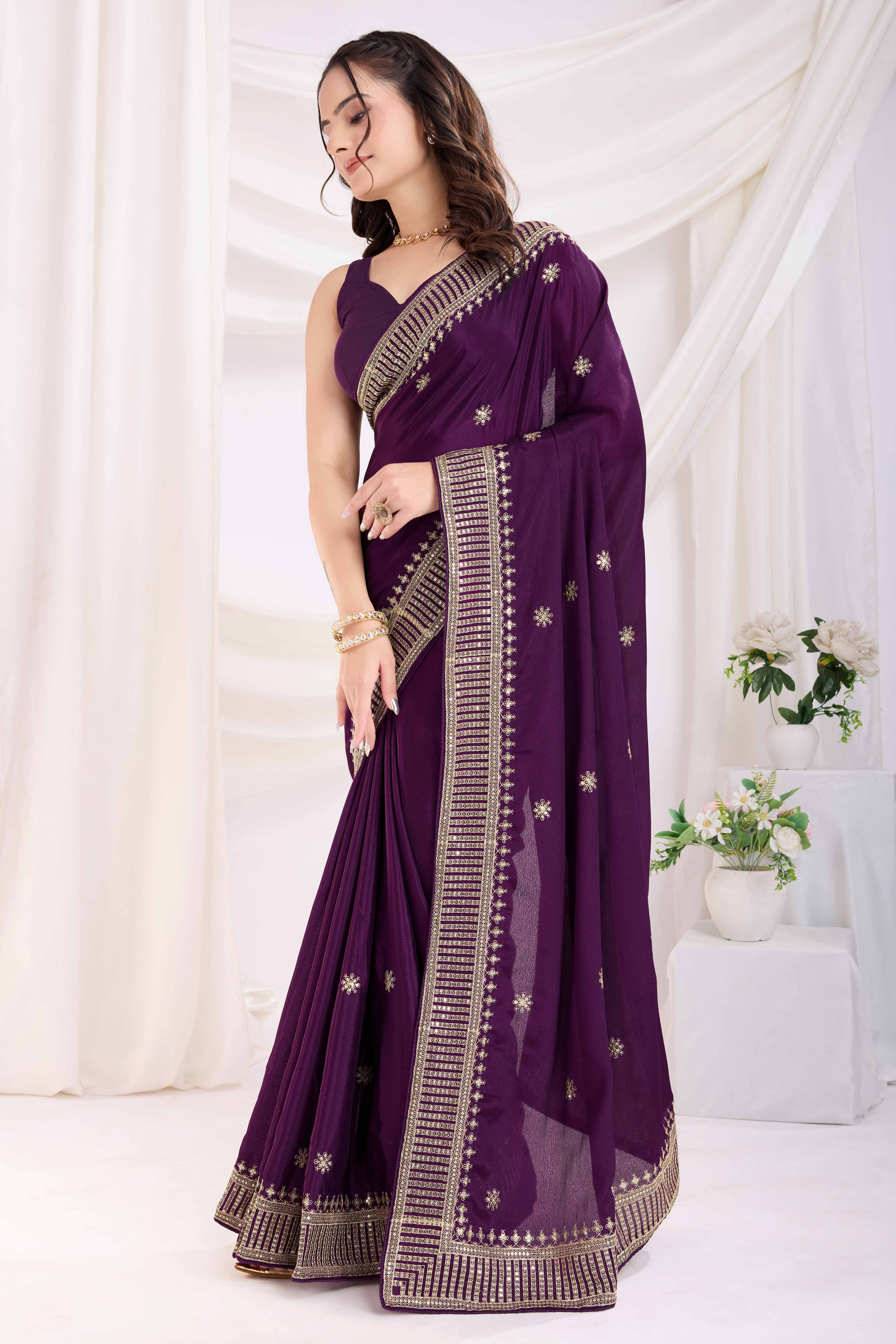 Wine Saree In Chinon Silk Featuring Delicate Floral Embroidery & Sparkling Sequins