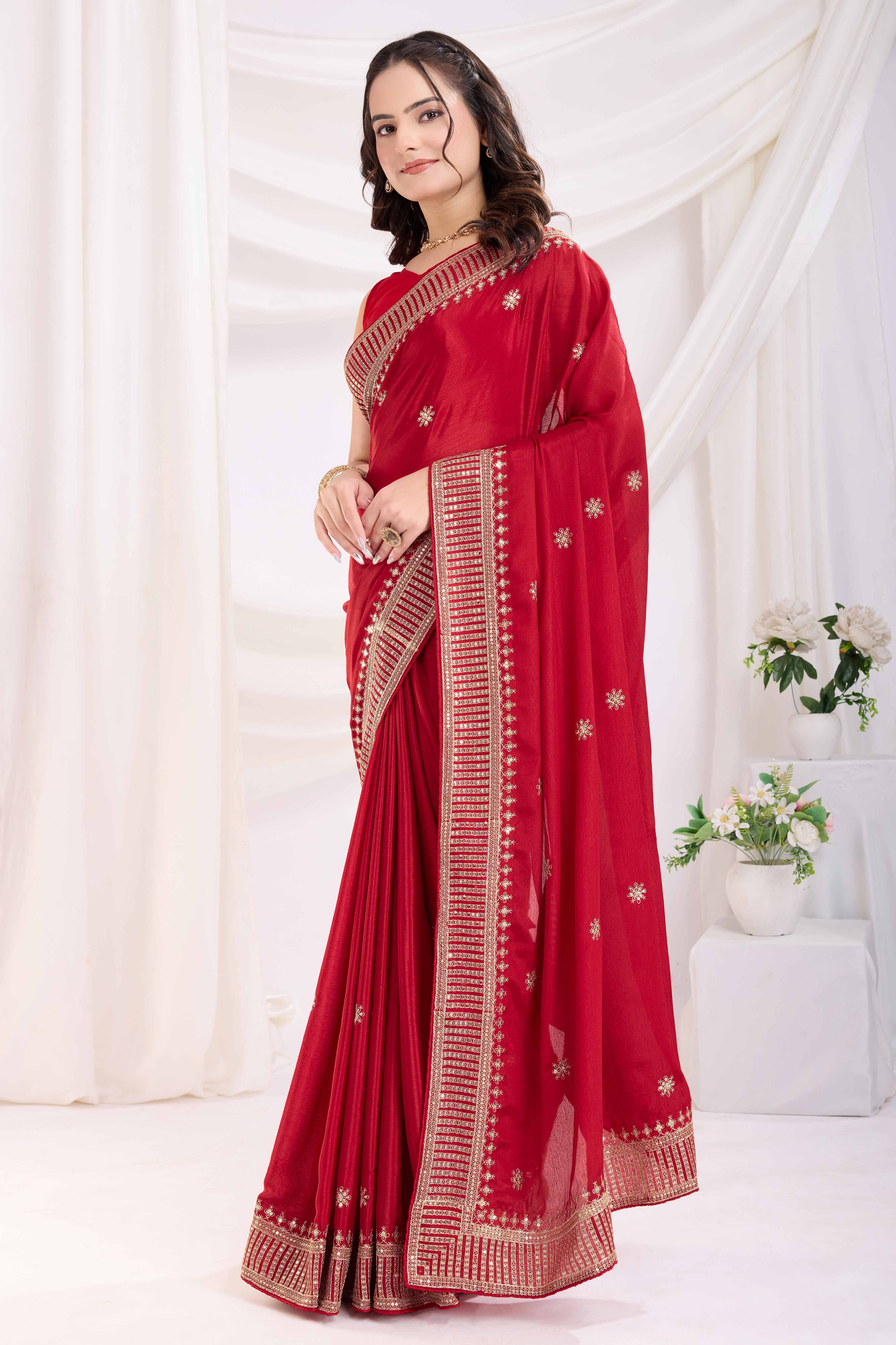 Red Saree In Chinon Silk Featuring Delicate Floral Embroidery & Sparkling Sequins