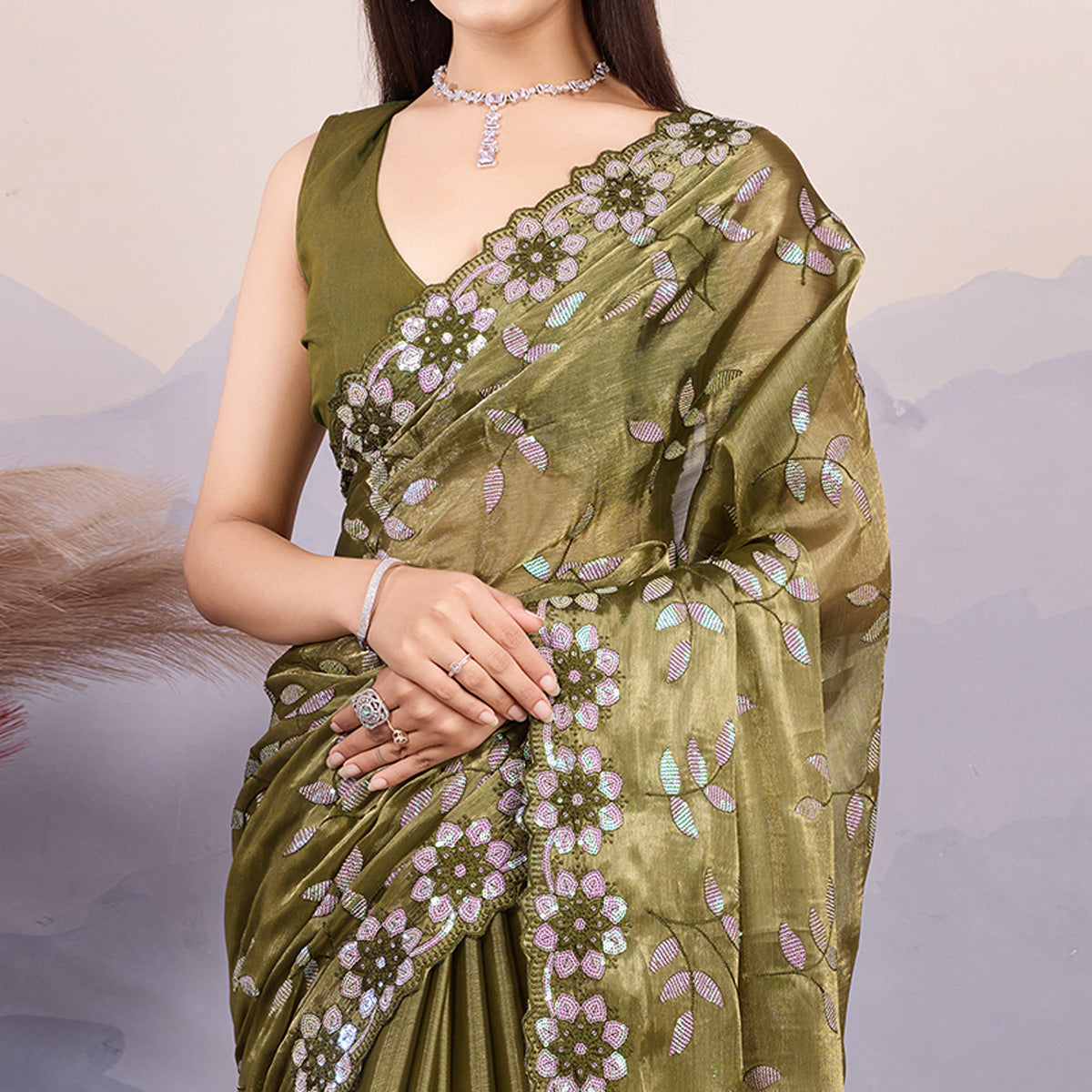 Mehandi Green Sequins Embroidered Art Silk Saree