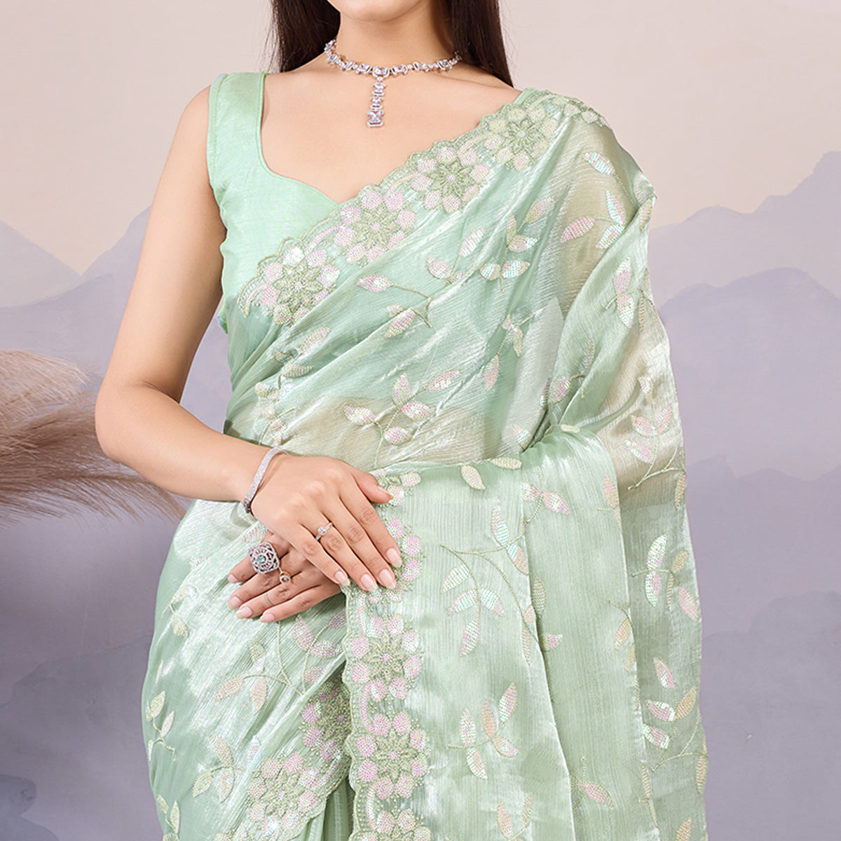 Mint Green Sequins Embroidered Art Silk Saree