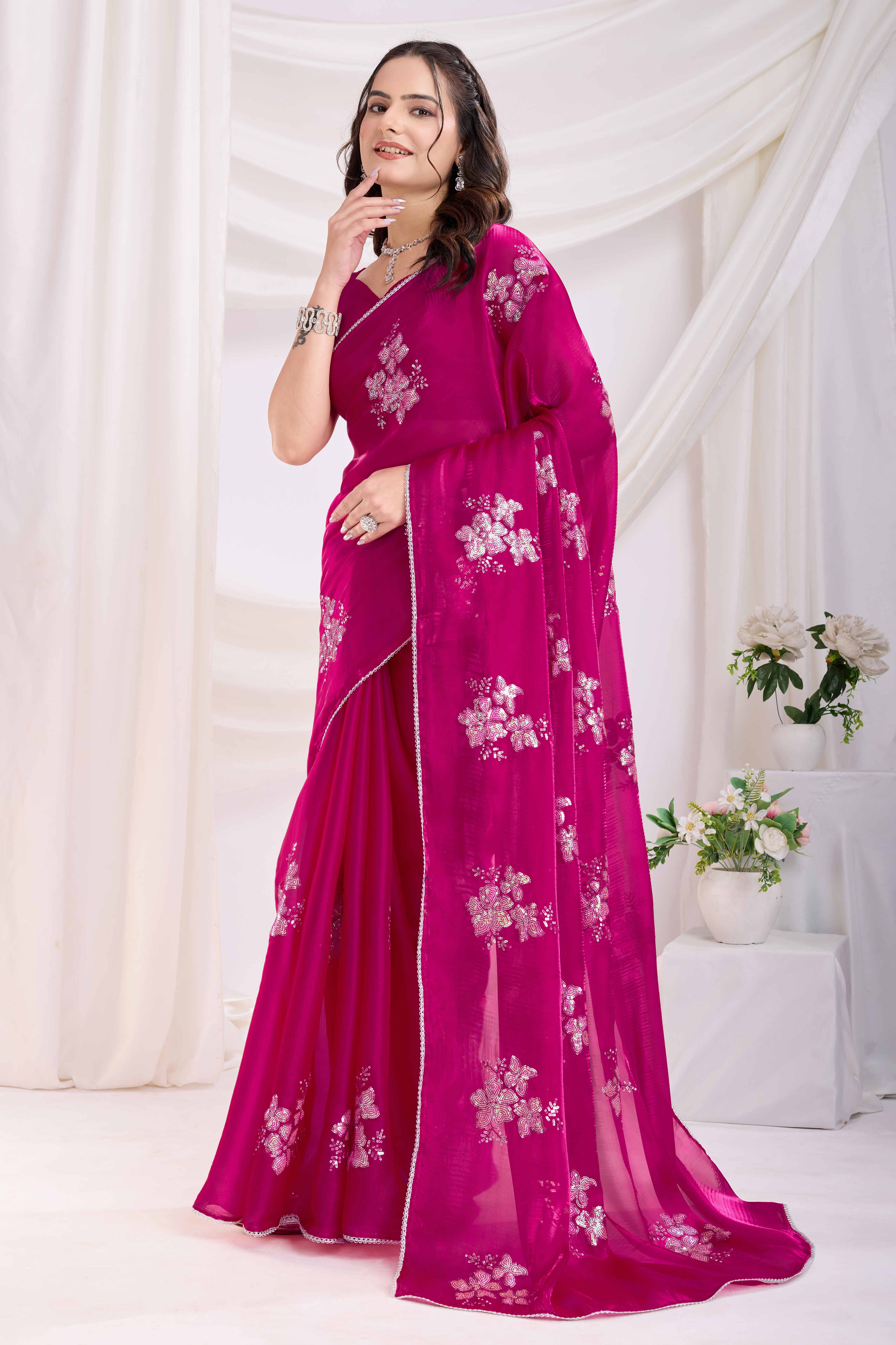 Rani Pink Saree With Exquisite Floral Sequins Embroidery On Luxe Jimmy Choo Silk Blend